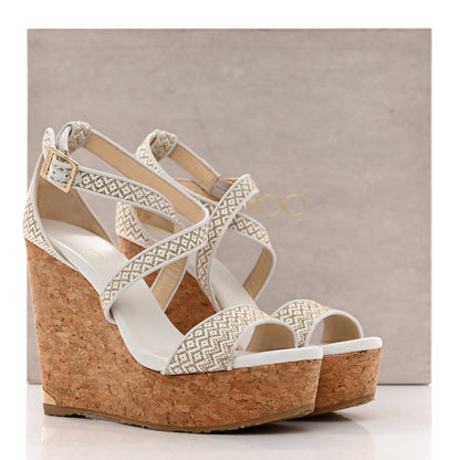 Jimmy Choo Fabric Cork Portia 120 Wedge Sandals 37 White Marble 8 of 8