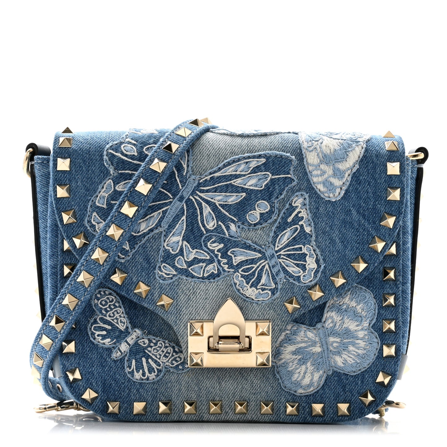 Denim Butterfly Embroidered Rockstud Shoulder Flap Messenger Bag Light Denim