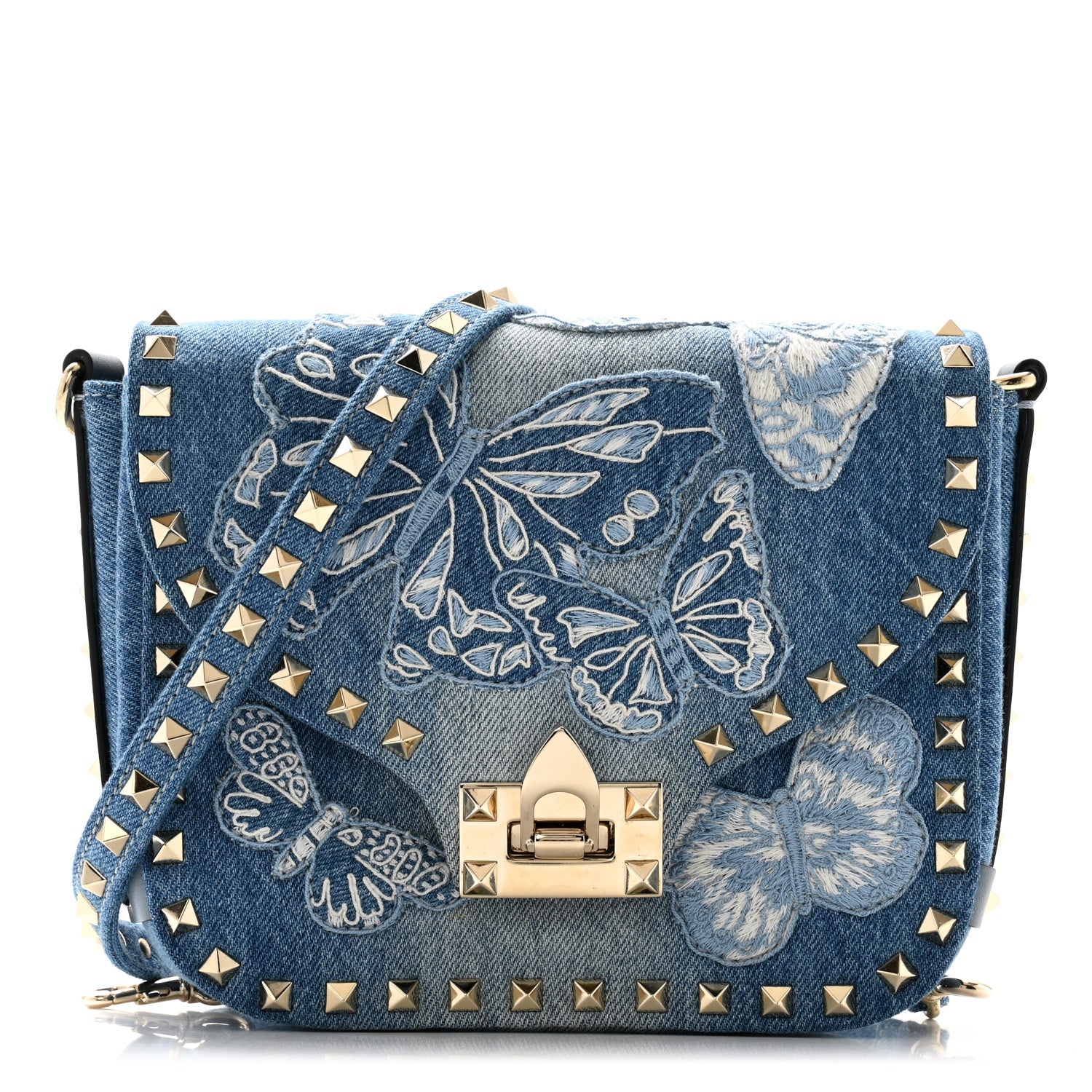 Valentino Garavani Denim Butterfly Embroidered Rockstud Shoulder Flap Messenger Bag Light Denim 1 of 9