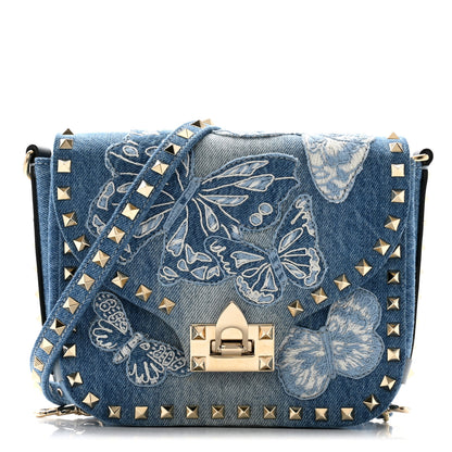 Valentino Garavani Denim Butterfly Embroidered Rockstud Shoulder Flap Messenger Bag Light Denim 1 of 9
