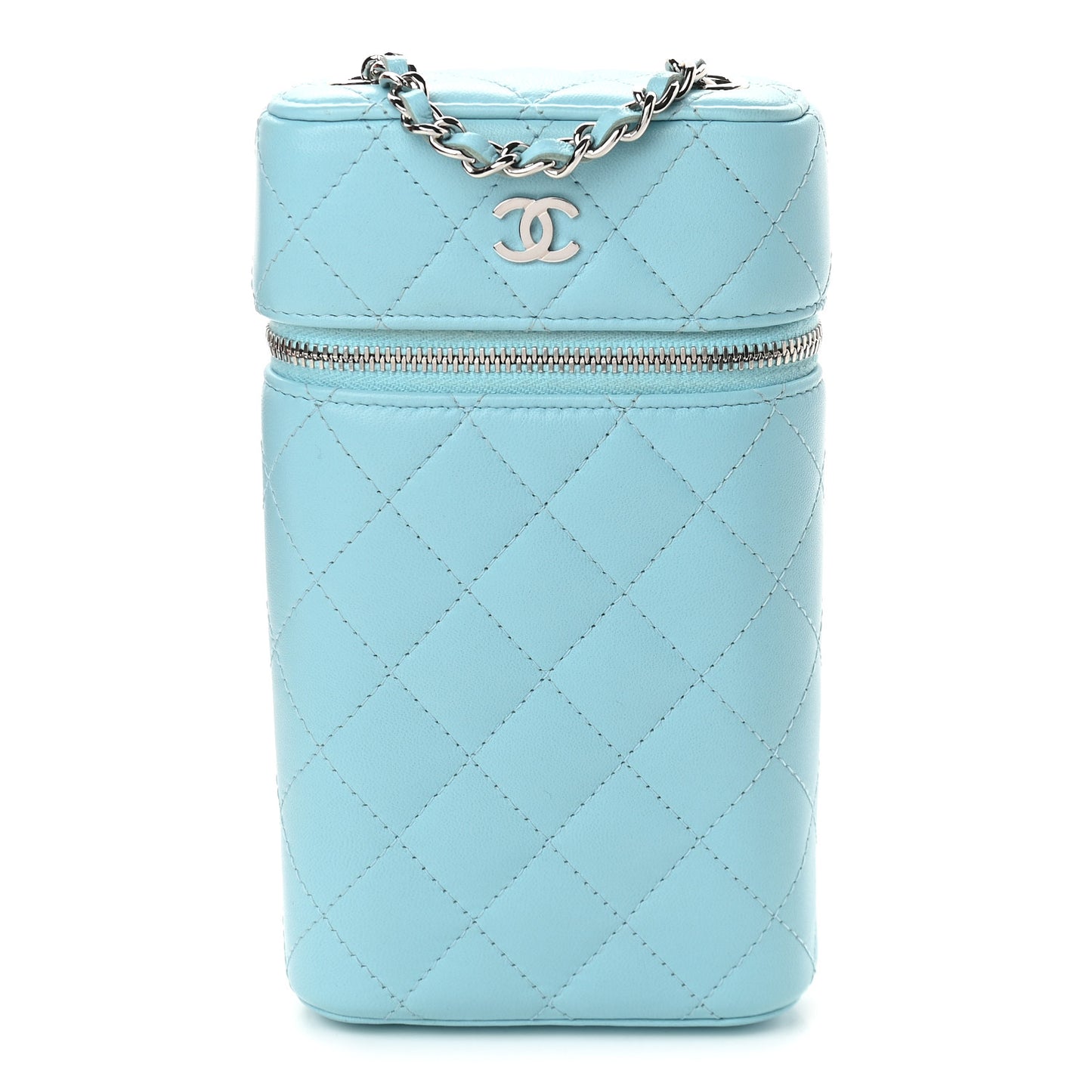 Lambskin Quilted Phone Holder With Chain Neon Blue