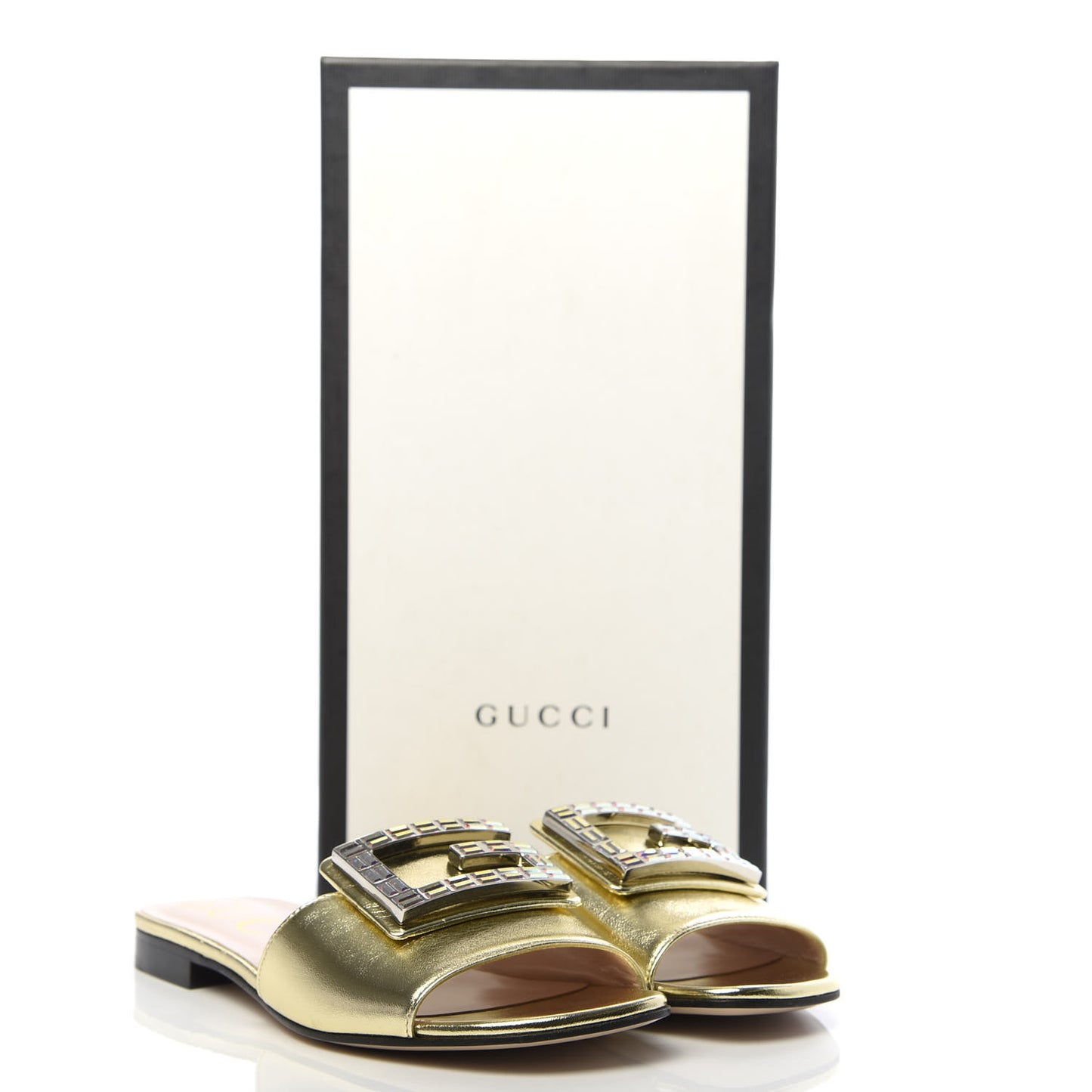 Metallic Nappa Crystal Square G Madelyn Slide Sandals 36.5 Gold