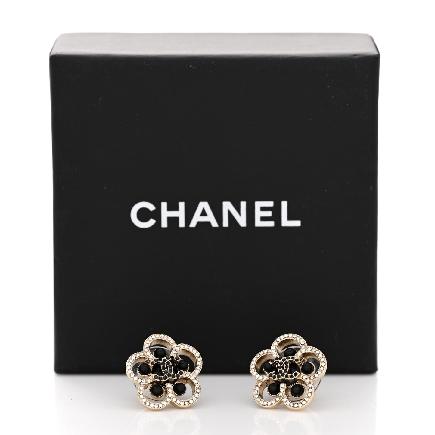 Crystal CC Camellia Earrings Black Gold