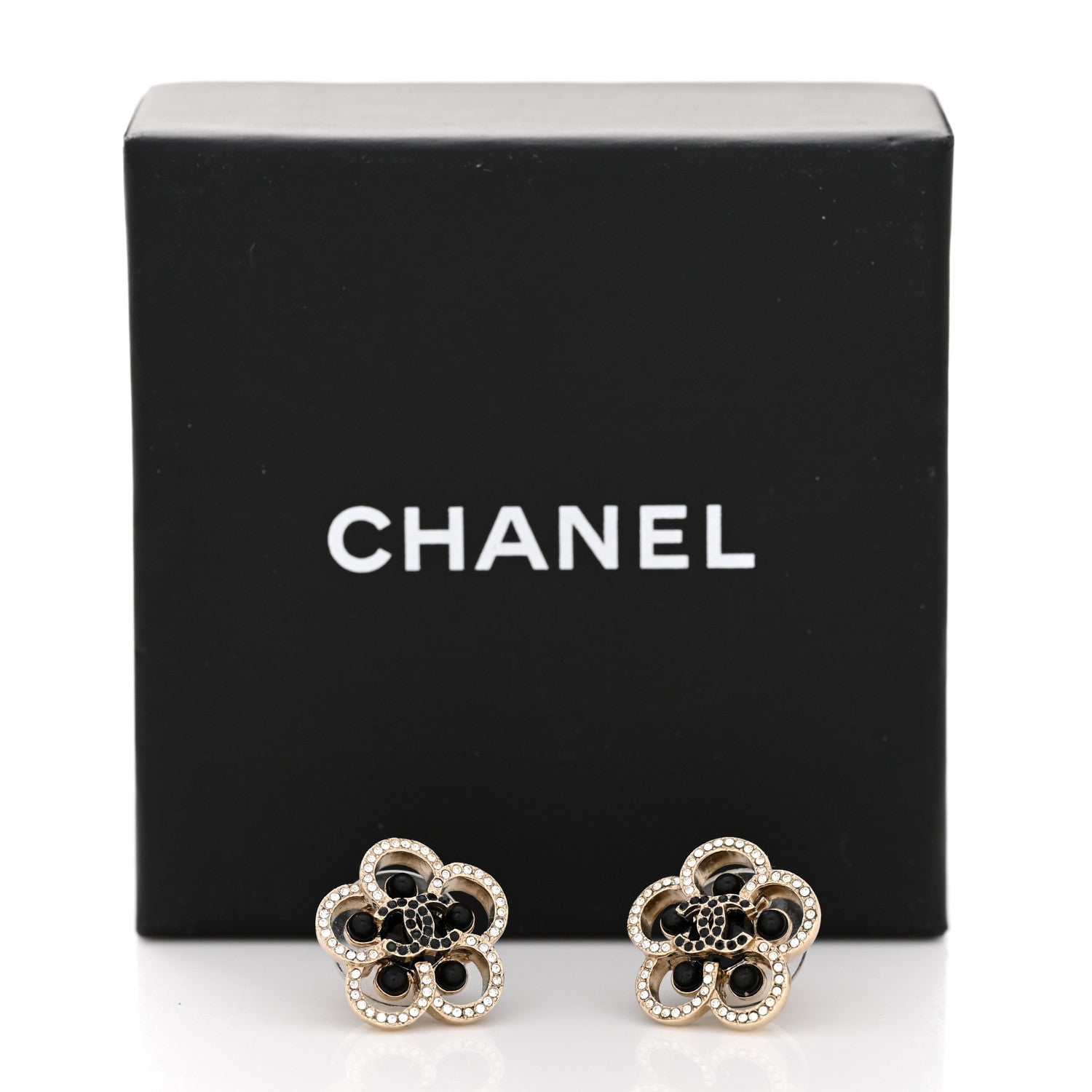 Chanel Crystal CC Camellia Earrings Black Gold 5 of 5