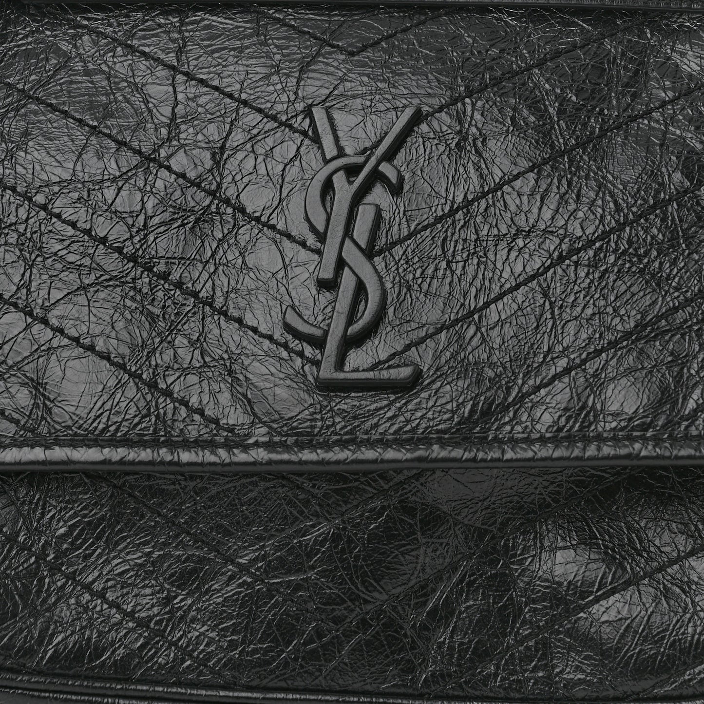Crinkled Calfskin Matelasse Monogram Medium Niki Chain Satchel Black