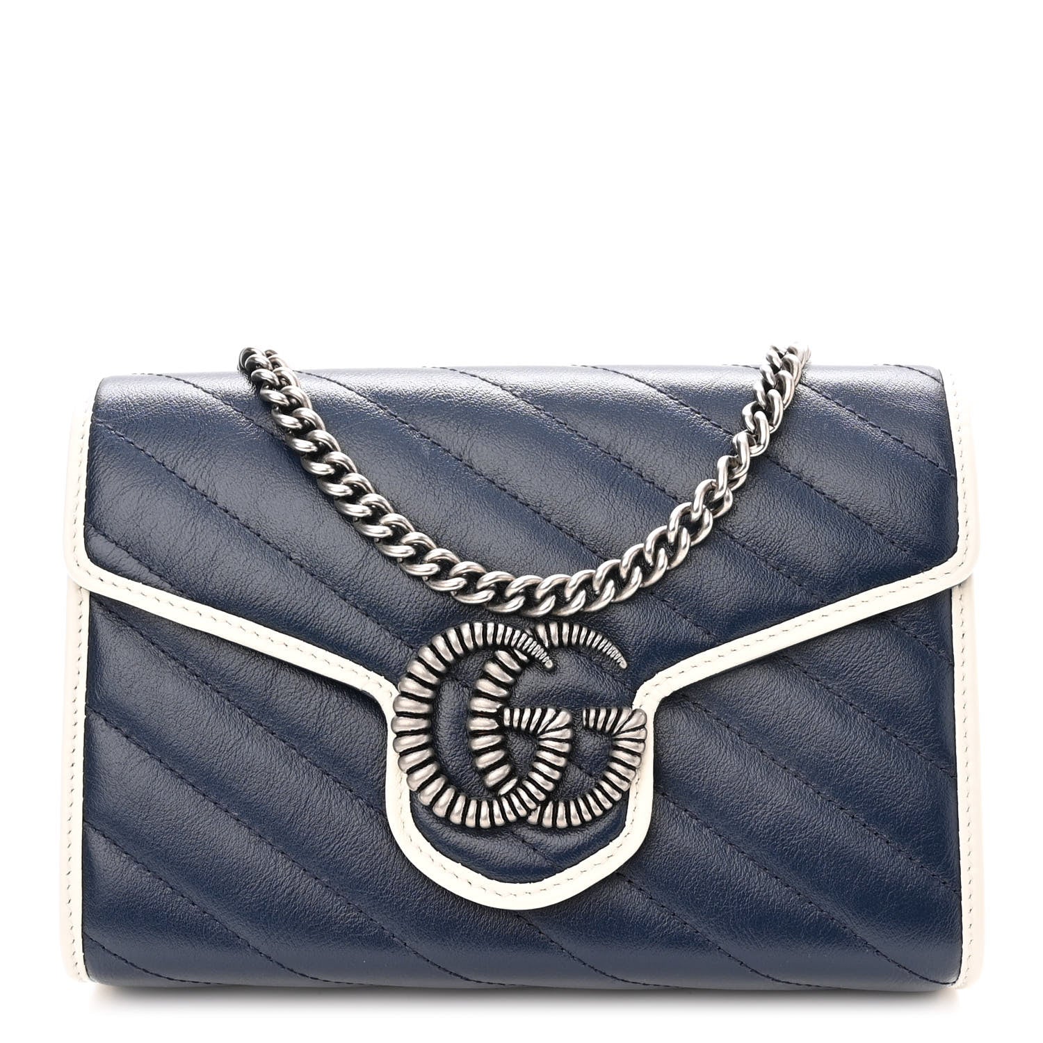 Gucci Vintage Effect Calfskin Matelasse Diagonal Torchon GG Marmont Chain Wallet Blue Agata Mystic White 1 of 11