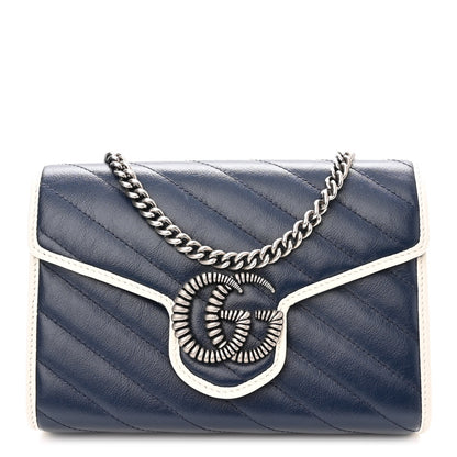 Gucci Vintage Effect Calfskin Matelasse Diagonal Torchon GG Marmont Chain Wallet Blue Agata Mystic White 1 of 11
