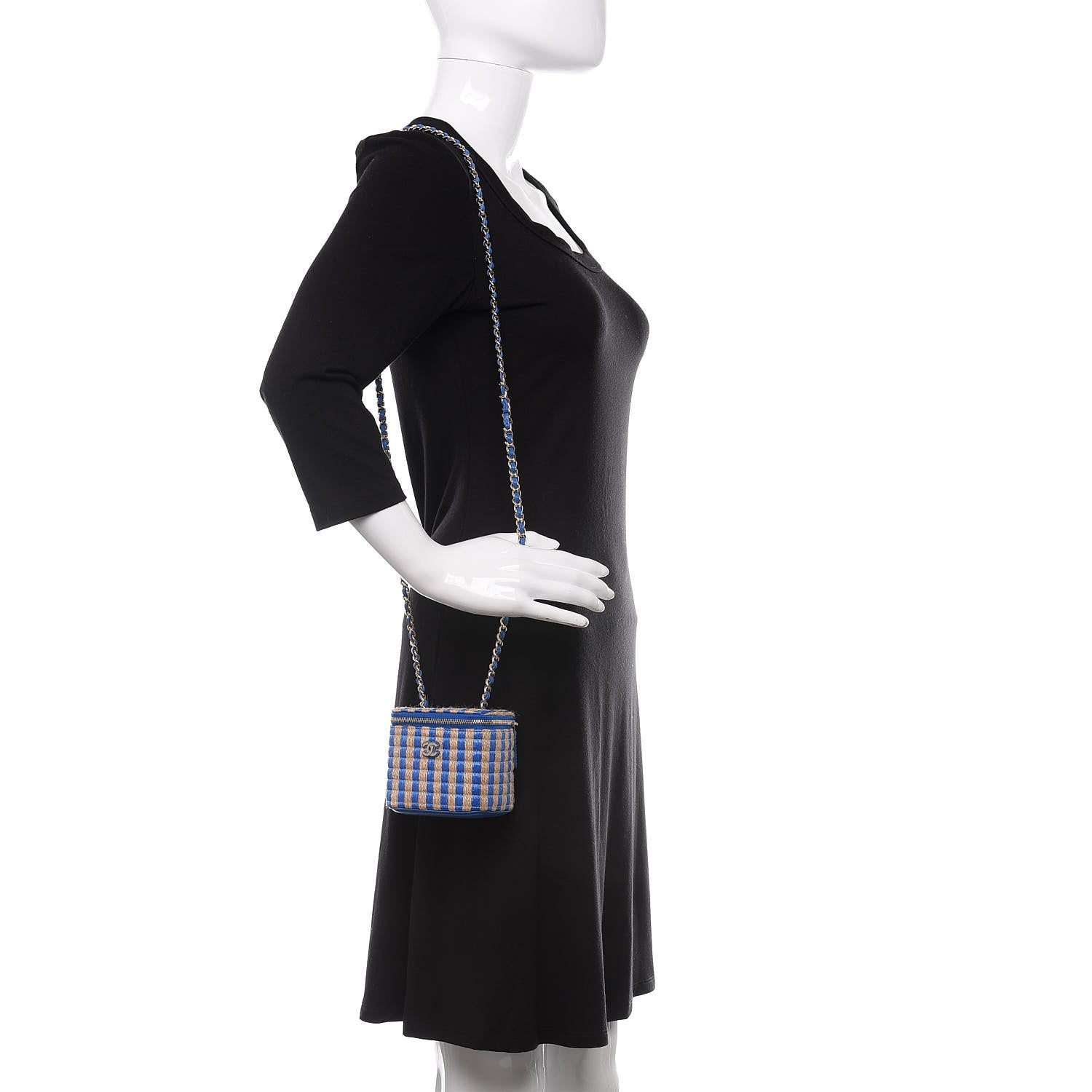 Chanel Raffia Jute Striped Mini Vanity Case With Chain Blue Beige 3 of 12