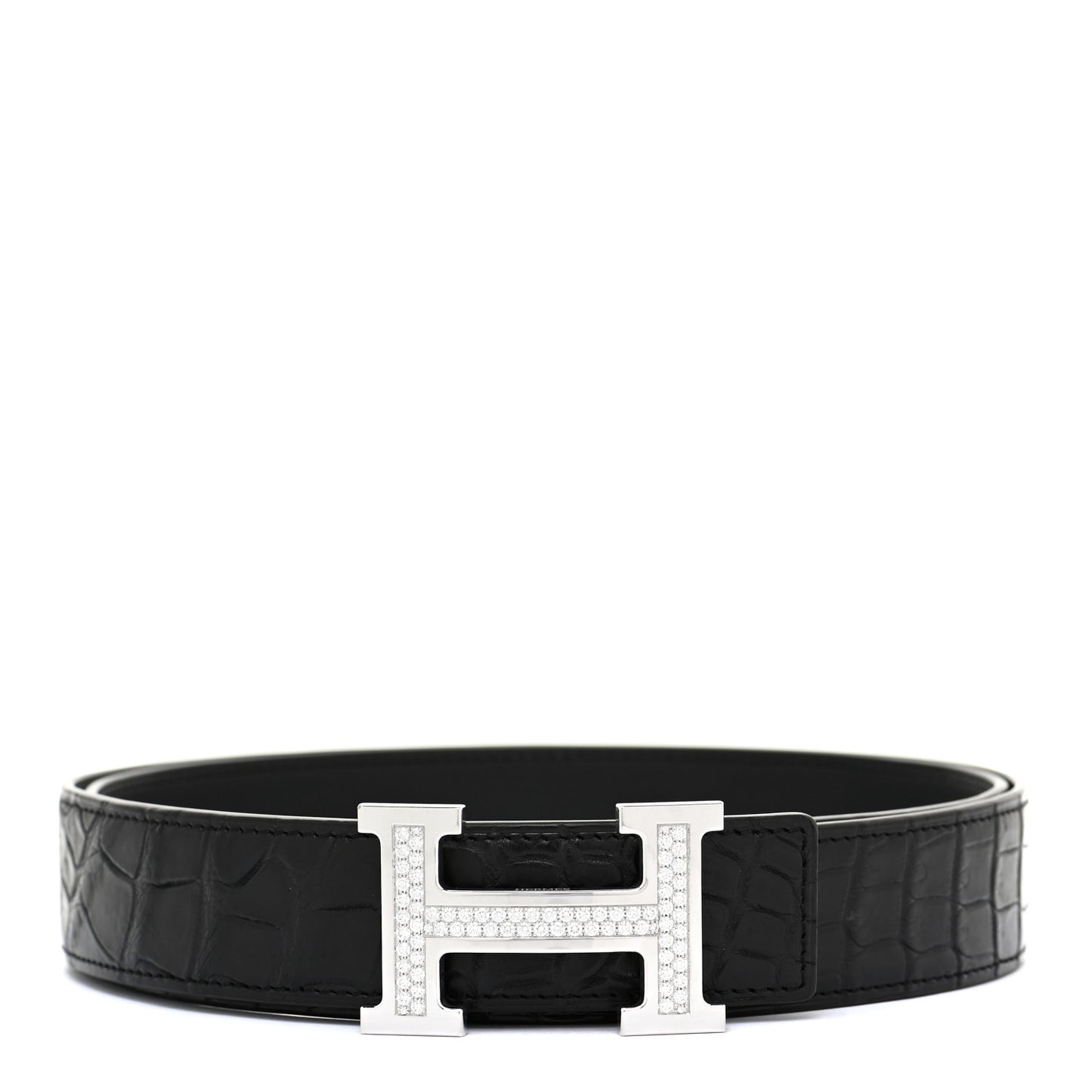 18K White Gold Diamond Matte Porosus Crocodile 32mm Belt 95 Black