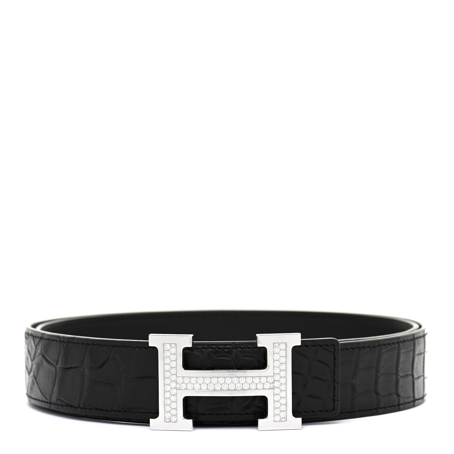 Hermes 18K White Gold Diamond Matte Porosus Crocodile 32mm Belt 95 Black 1 of 8