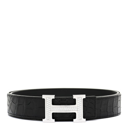 Hermes 18K White Gold Diamond Matte Porosus Crocodile 32mm Belt 95 Black 1 of 8