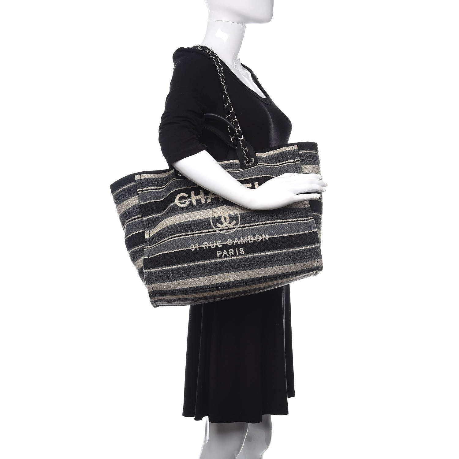 Chanel Striped Canvas Medium Deauville Tote Black 2 of 12