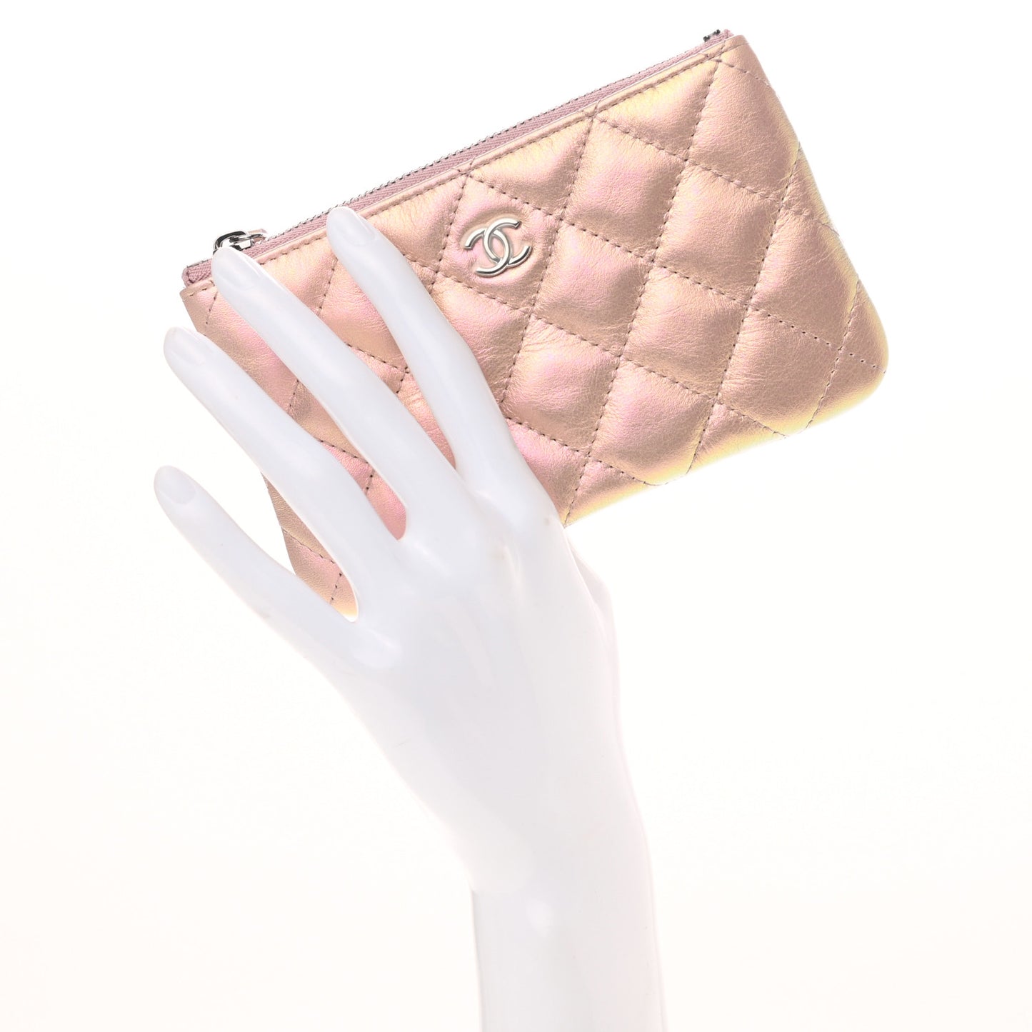 Iridescent Calfskin Quilted Small Cosmetic Case Pink