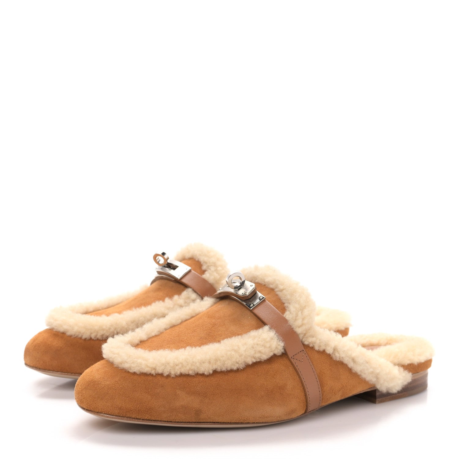 Hermes Suede Goatskin Woolskin Womens Oz Mules 38 Naturel 3 of 8