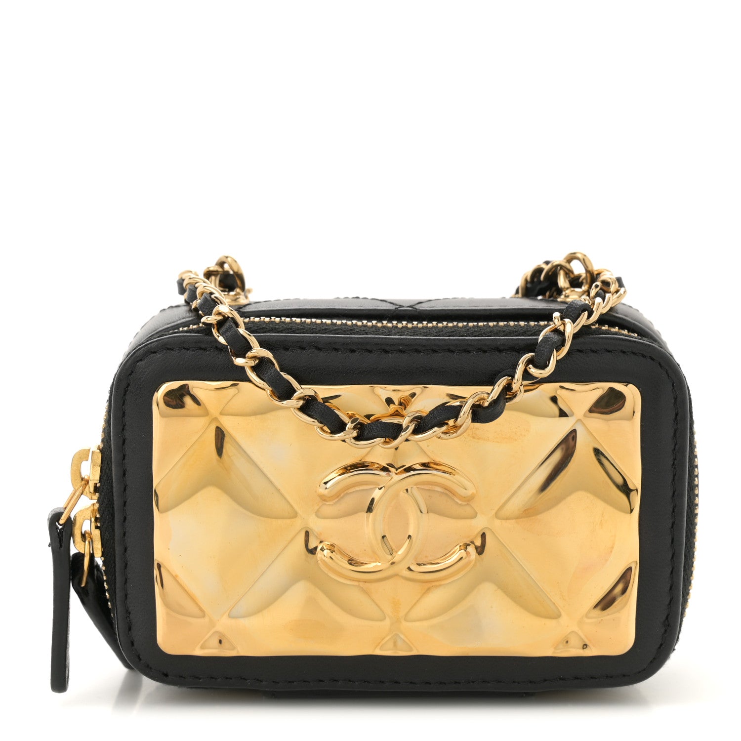 Chanel Lambskin Quilted Mini Golden Plate Clutch With Chain Black 1 of 10