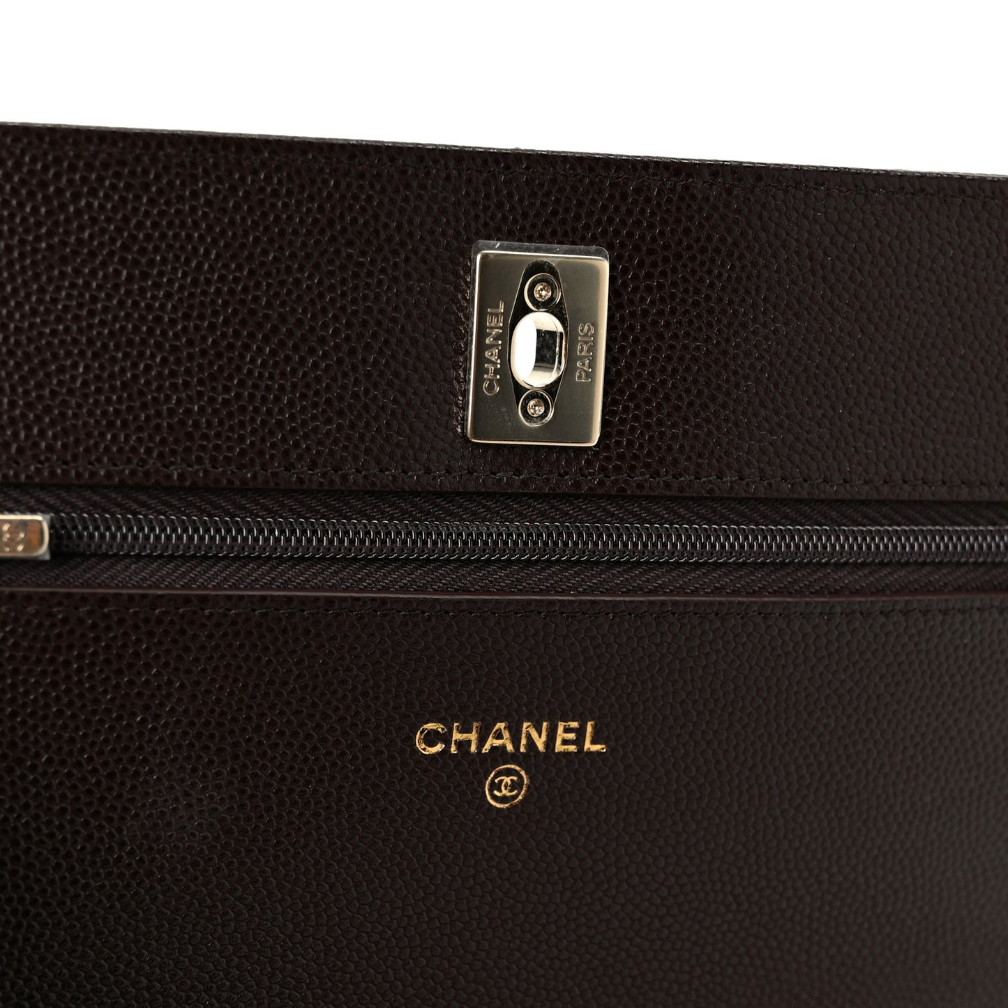 Shiny Caviar Quilted Turnlock Top Handle Wallet On Chain WOC Dark Brown