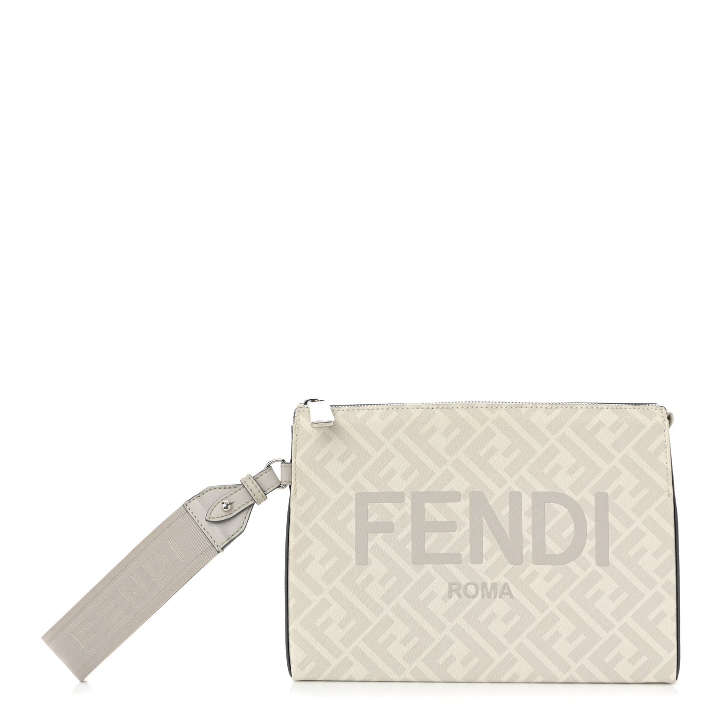 Shiny Glazed Fabric Vitello Cover FF 1974 Logo Clutch Pearl Gravel