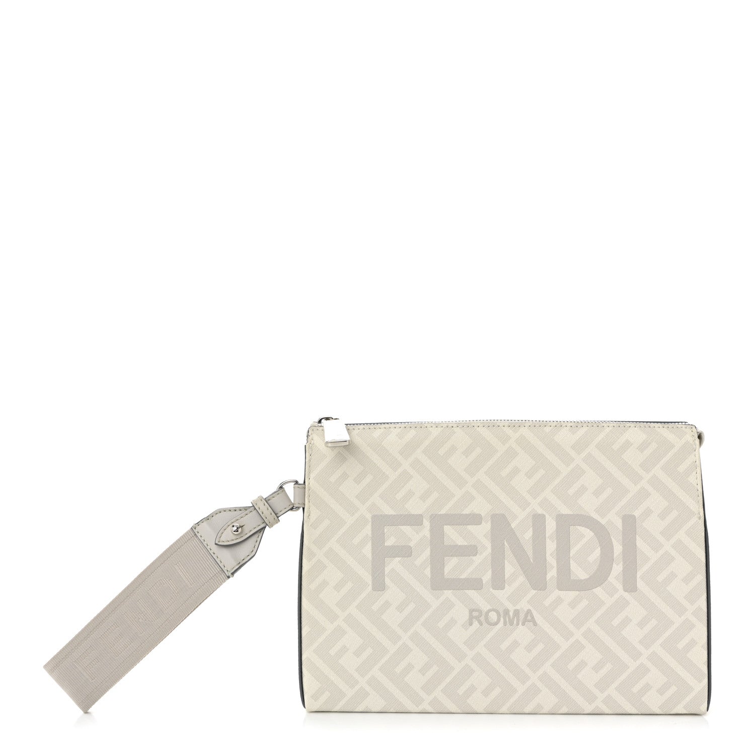 Fendi Shiny Glazed Fabric Vitello Cover FF 1974 Logo Clutch Pearl Gravel 1 of 11