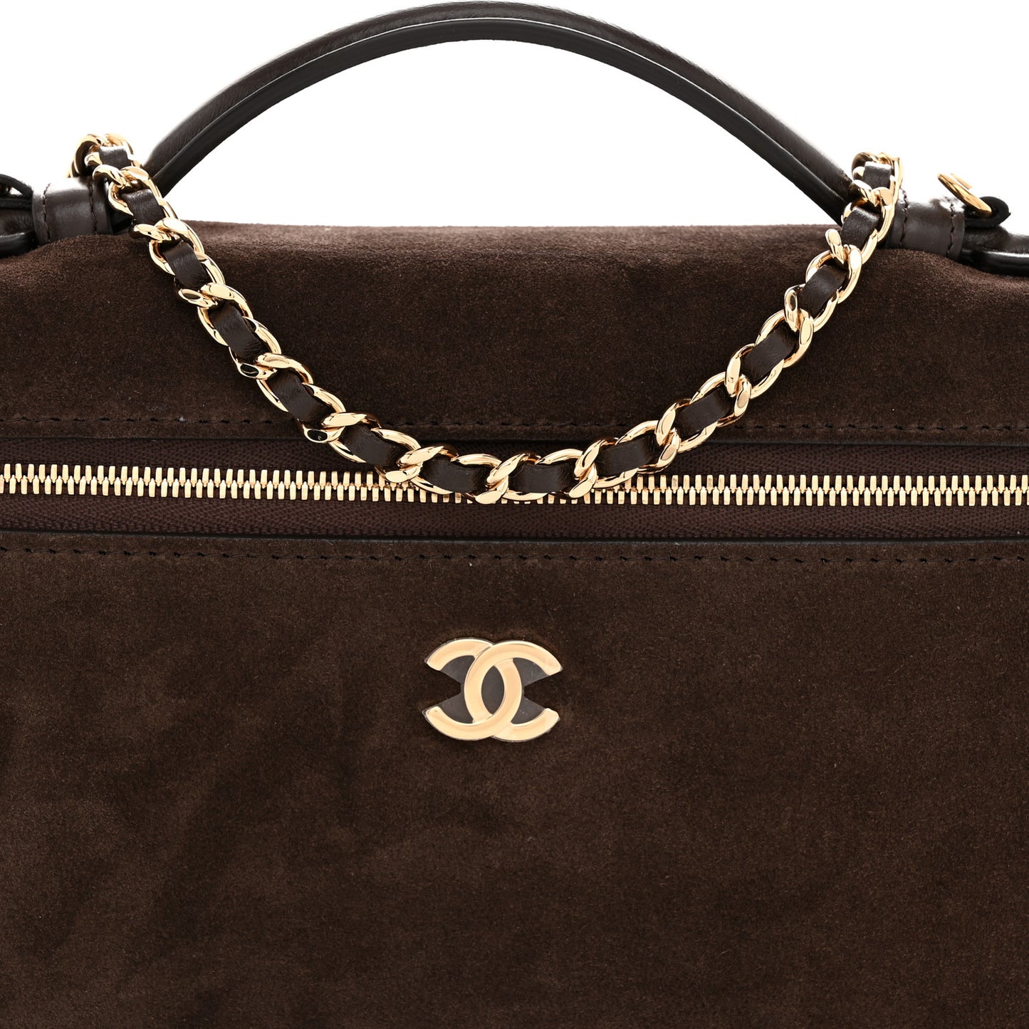 Suede Calfskin Large Top Handle Slim Vanity With Chain Dark Brown