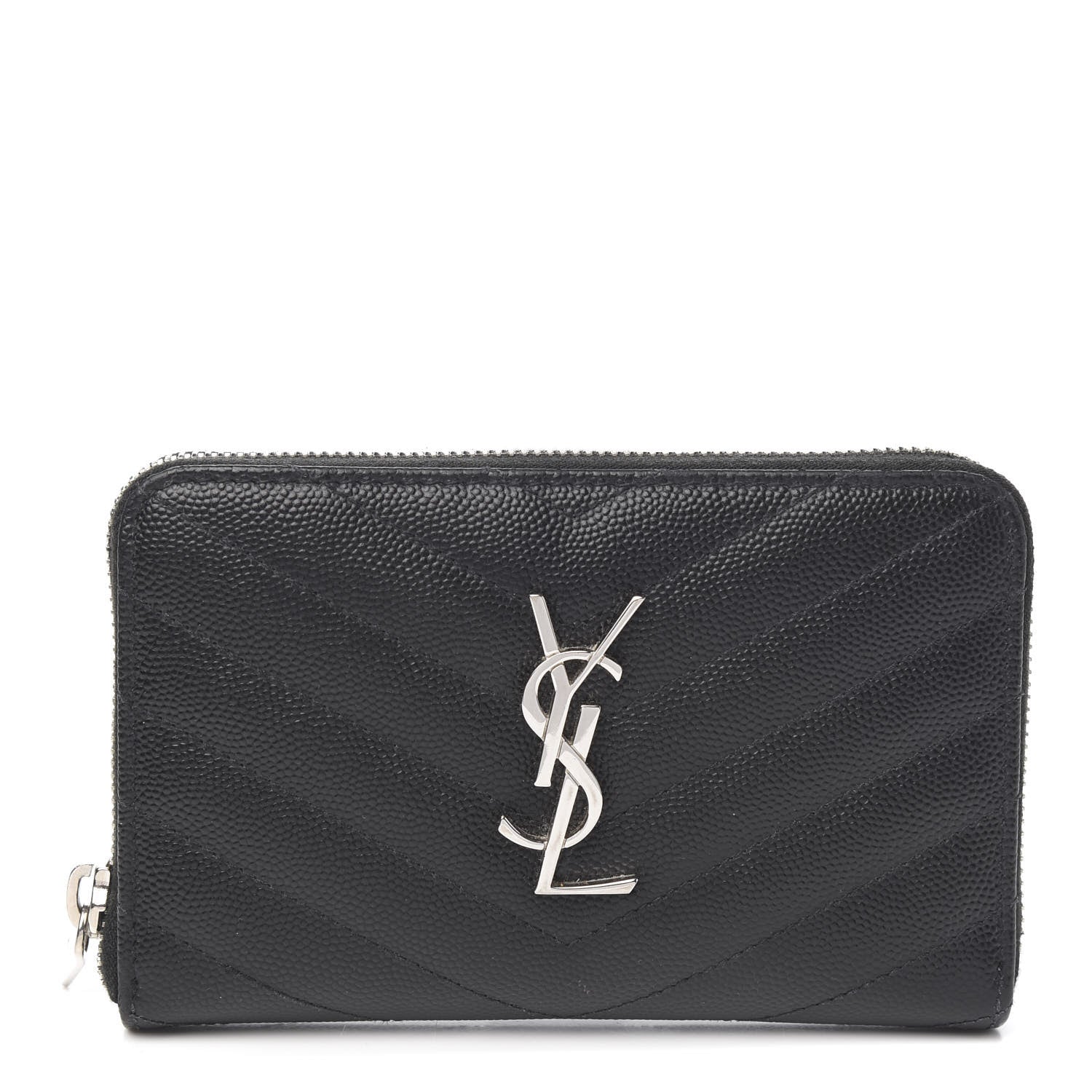 Saint Laurent Grain De Poudre Matelasse Chevron Monogram Small Zip Around Wallet Black 1 of 6