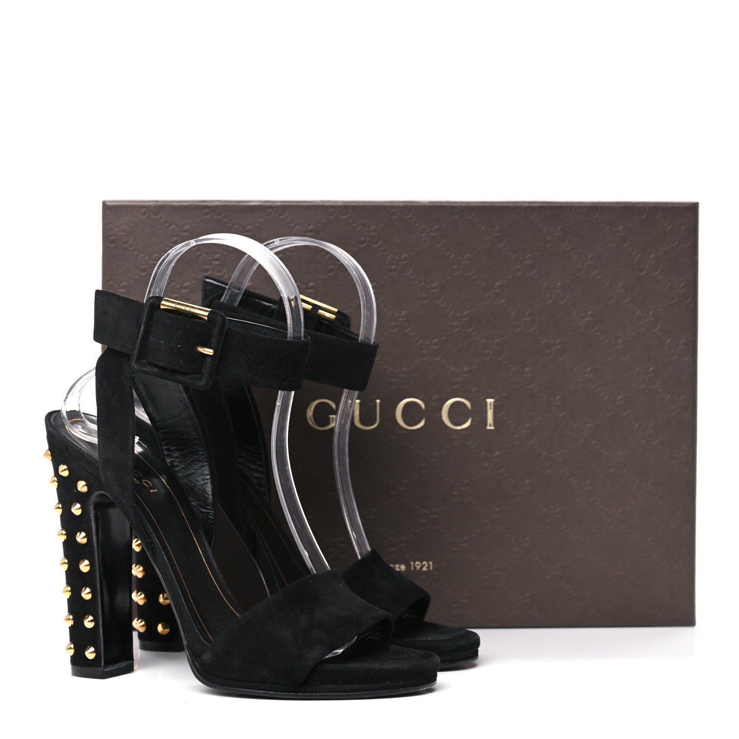 Gucci Kid Scamosciato Studded Buckle Platform Sandals 37 Black Gold 11 of 11