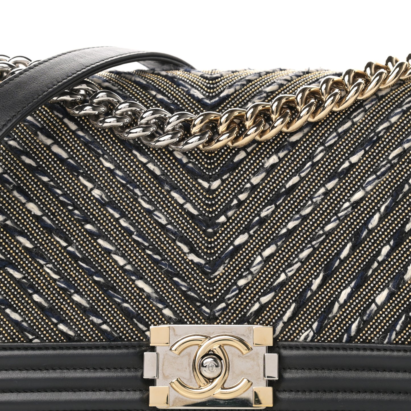 Calfskin Tweed Chain Chevron Boy Flap Black
