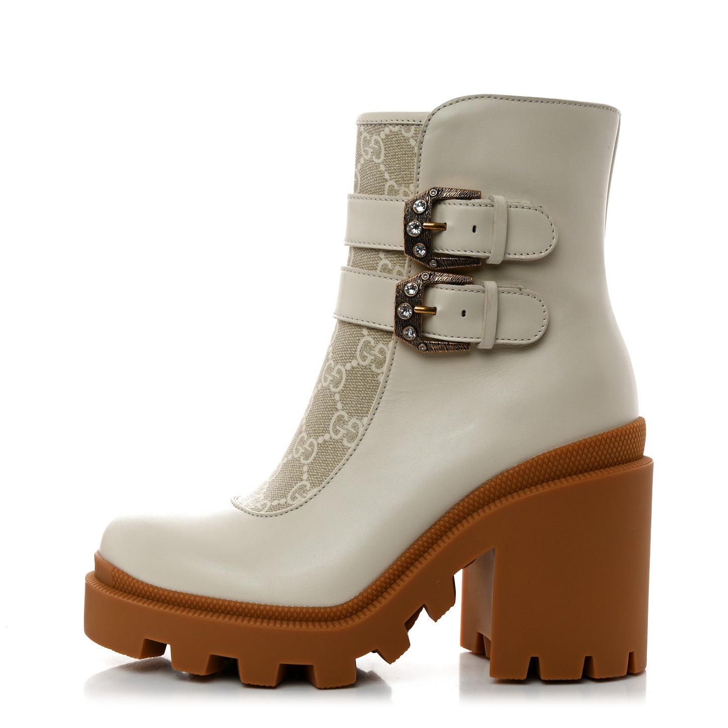 Kensington Calfskin Nappa GG Supreme Monogram Womens Double Buckle Ankle Boots 35.5 Mystic White Beige