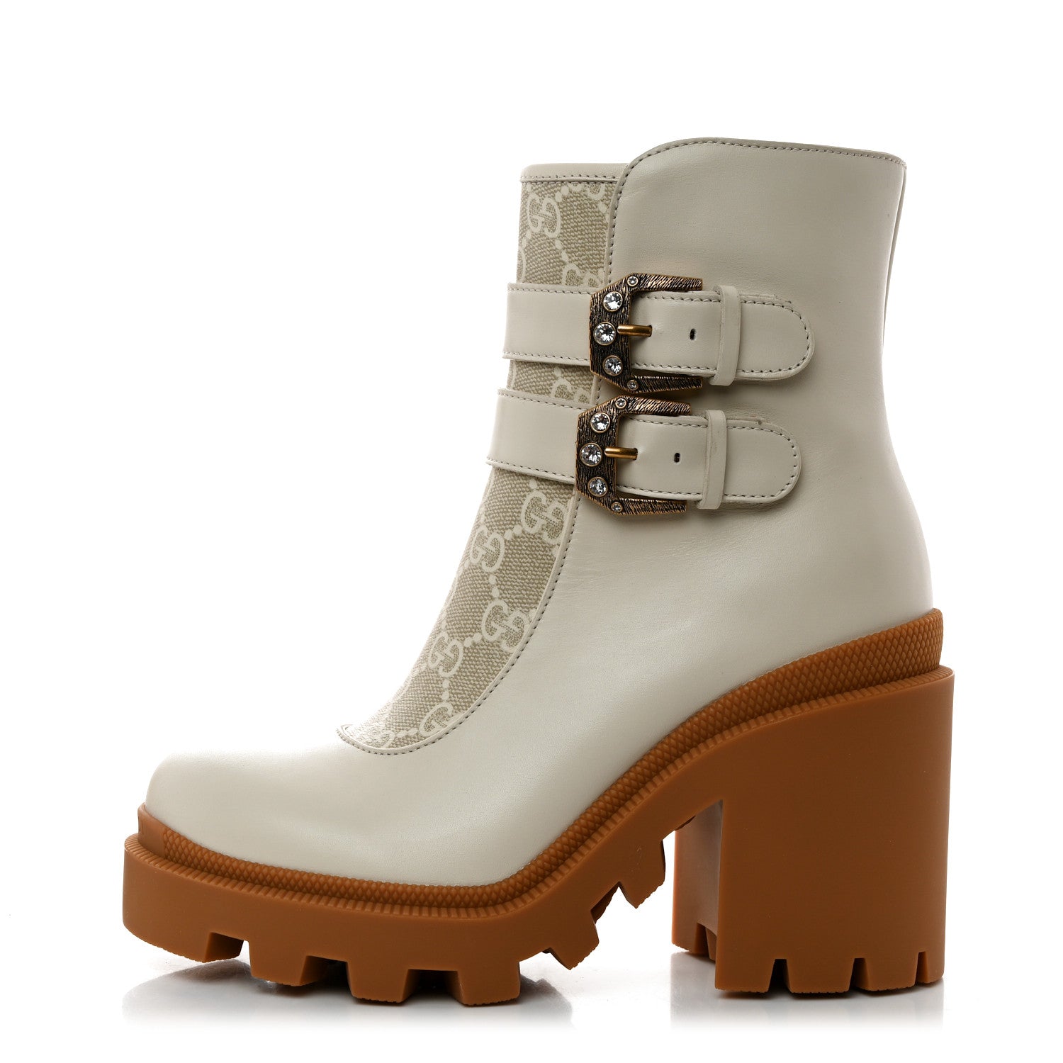 Gucci Kensington Calfskin Nappa GG Supreme Monogram Womens Double Buckle Ankle Boots 35.5 Mystic White Beige 1 of 9