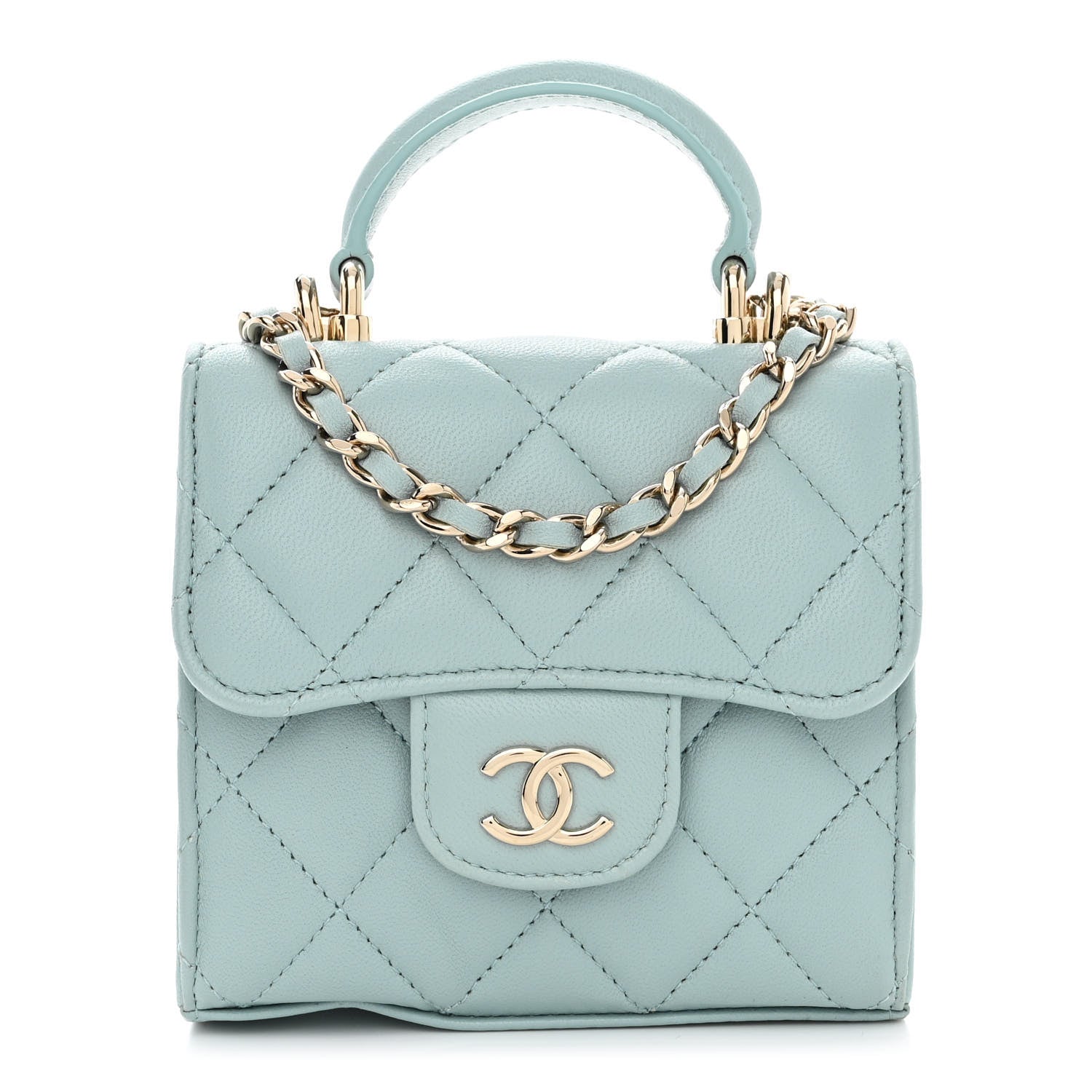 Chanel Lambskin Quilted Top Handle Flap Clutch With Chain Light Blue 1 of 12