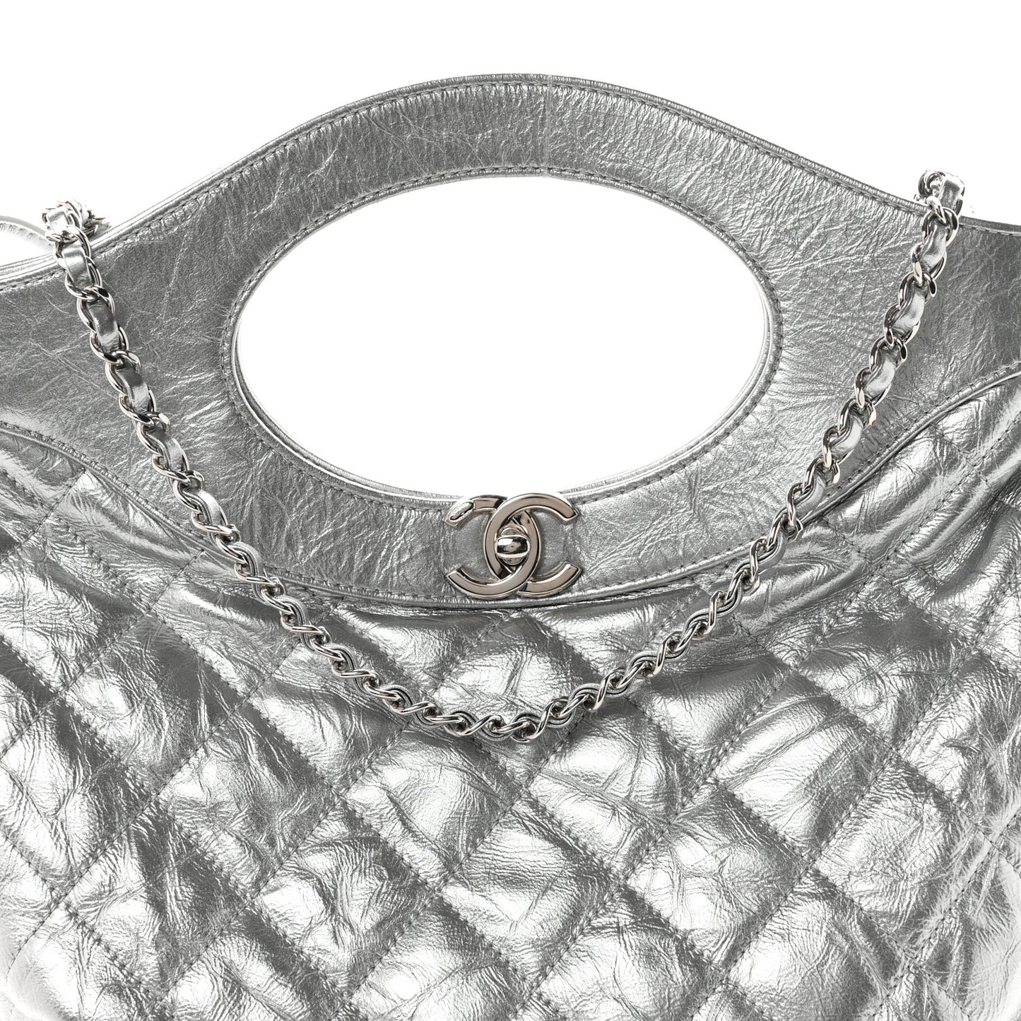 Metallic Crumpled Calfskin Small 31 Shopping Bag Silver