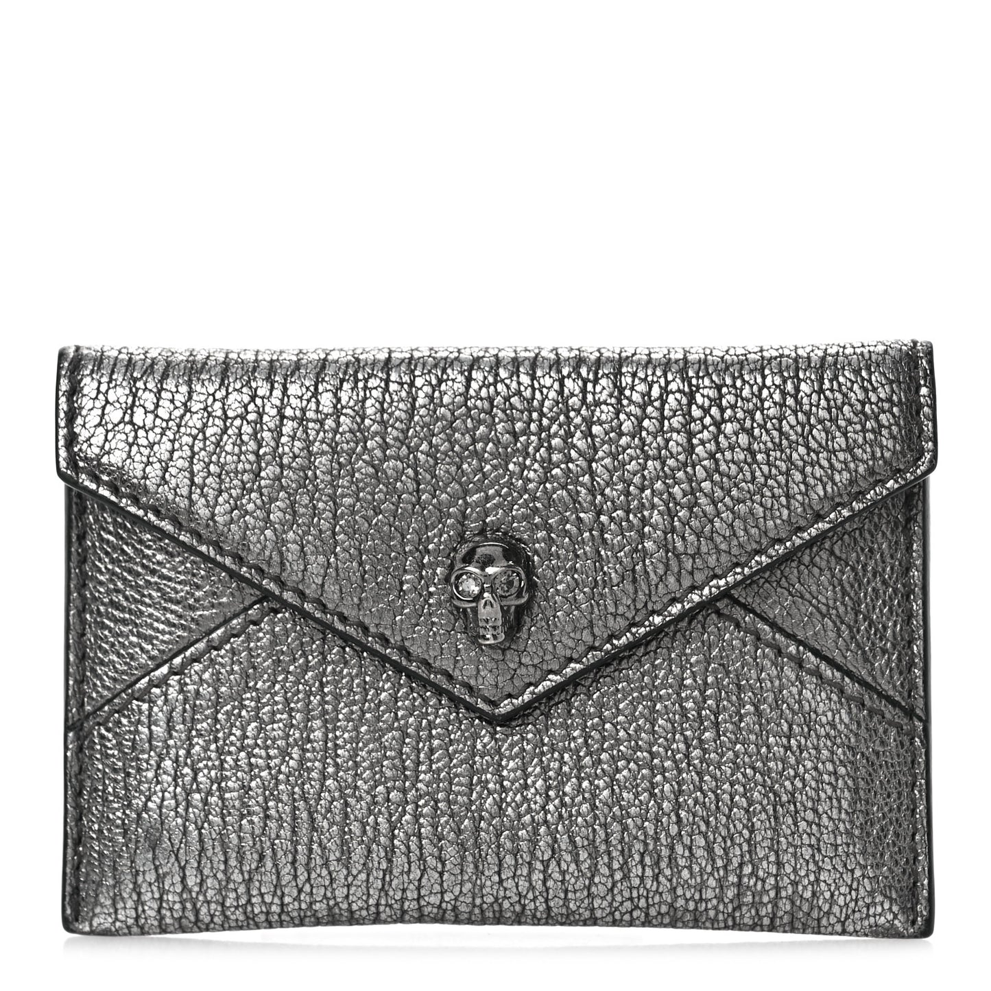 Metallic Calfskin Skull Envelope Card Holder Black Pearl