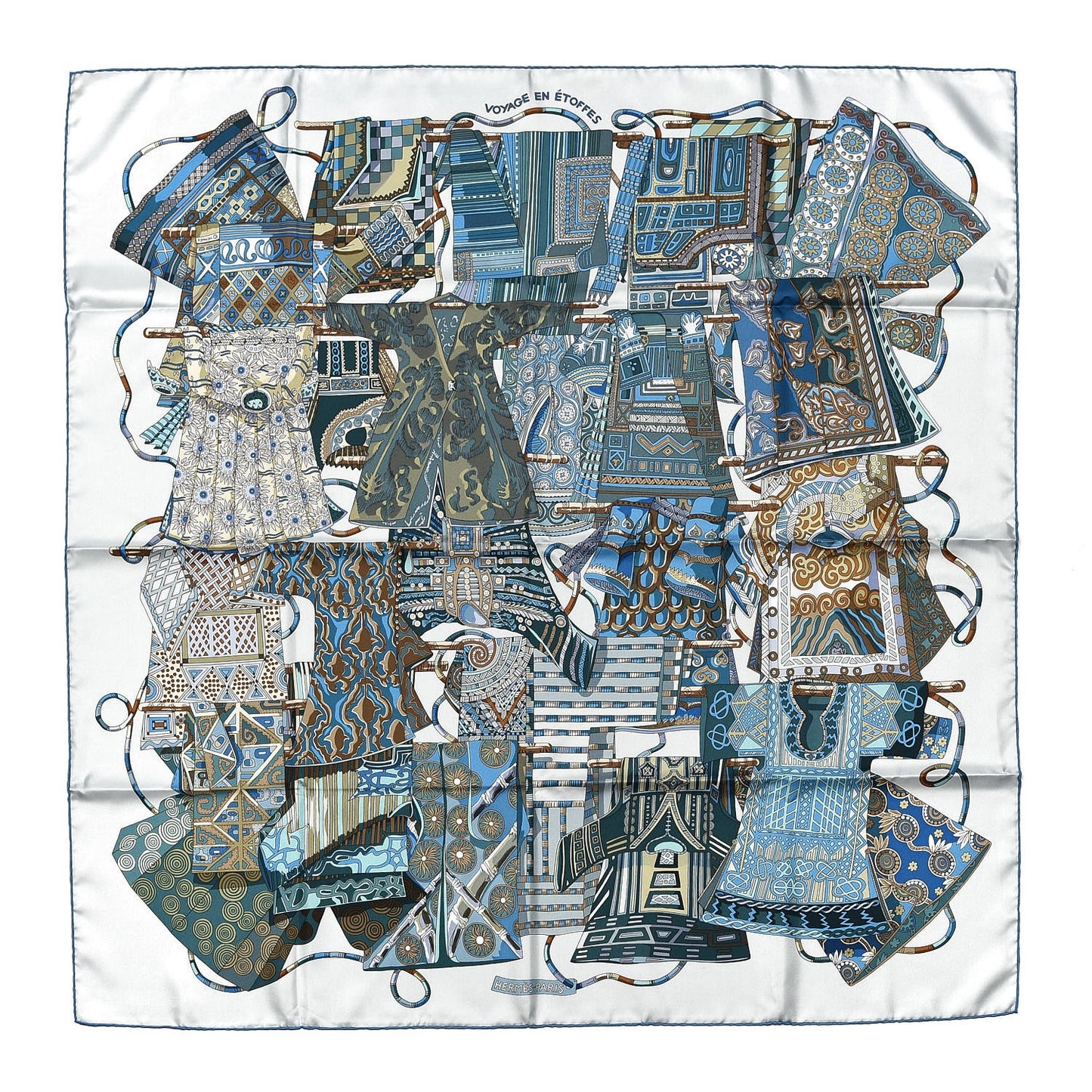 Silk Voyage En Etoffes Scarf 90 Bleu Pale Blue Jean Vert