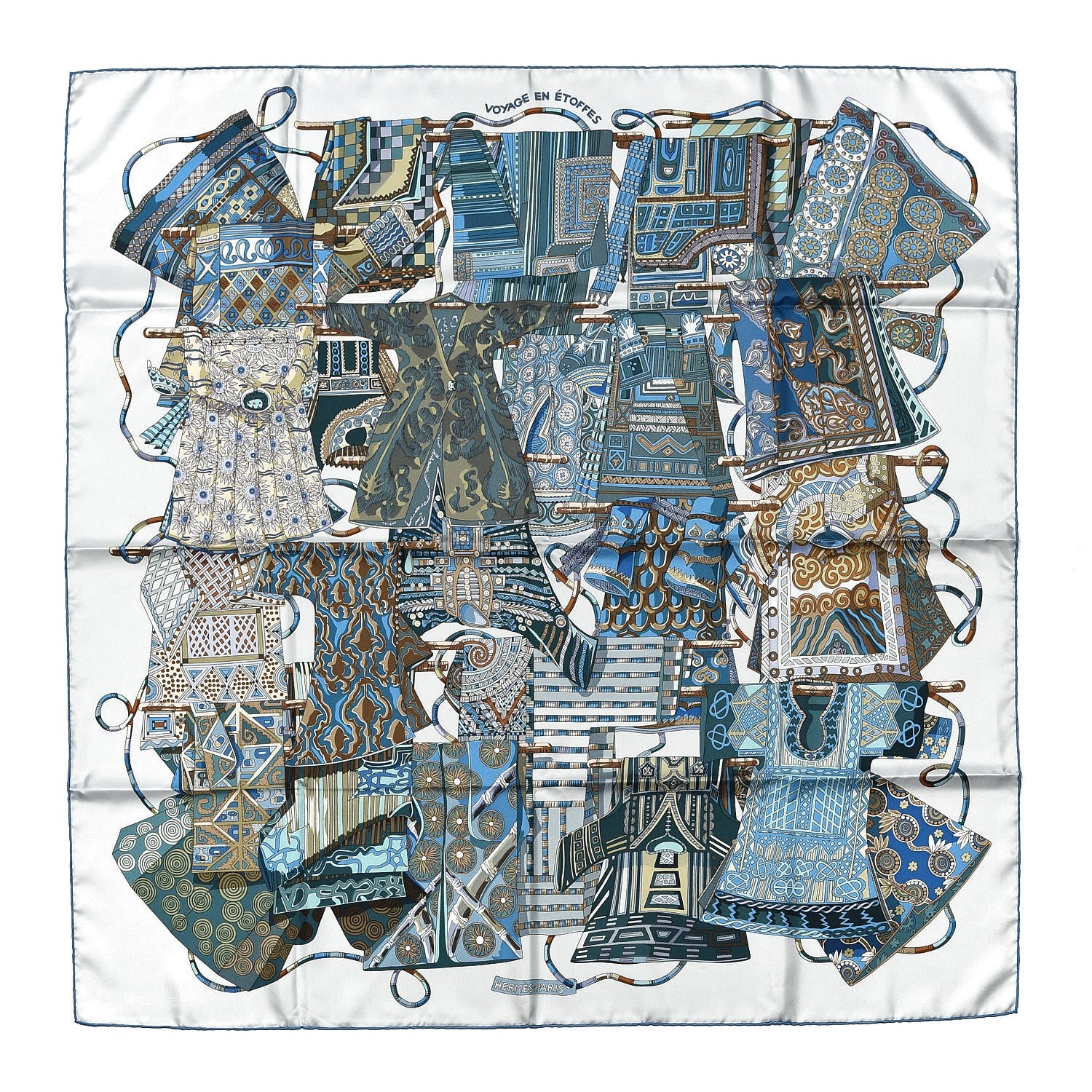 Hermes Silk Voyage En Etoffes Scarf 90 Bleu Pale Blue Jean Vert 1 of 5