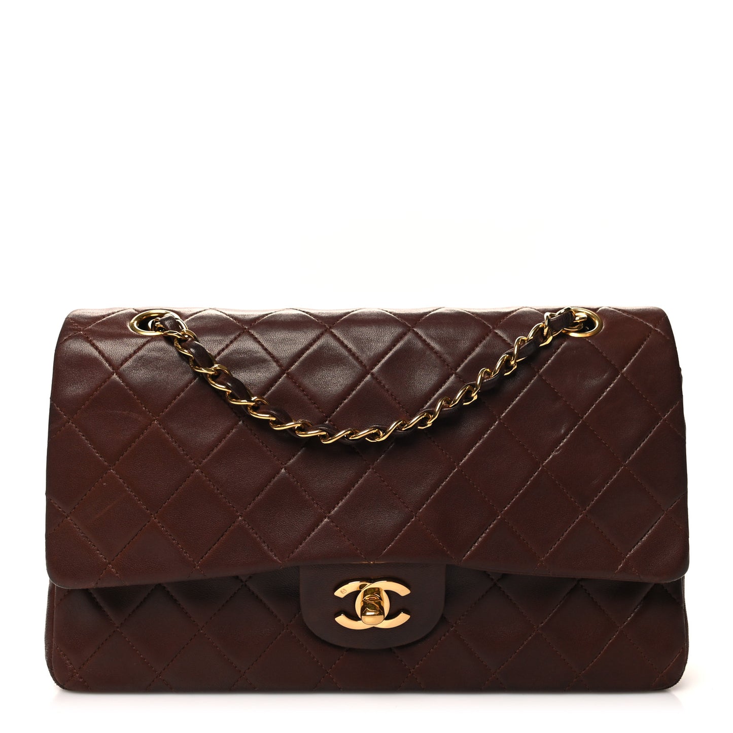 Lambskin Quilted Medium Double Flap Dark Brown