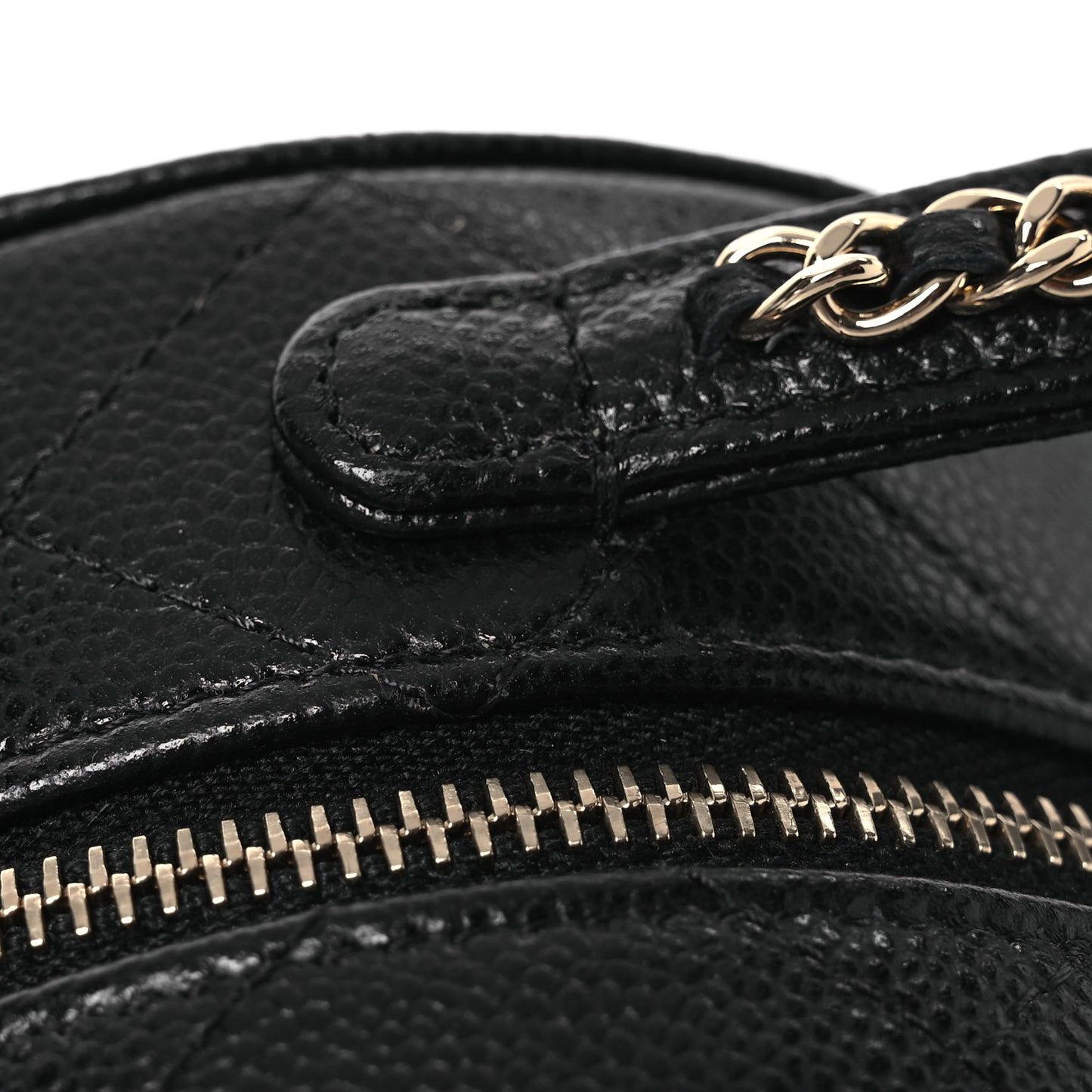 Caviar Quilted Round Top Handle Jewelry Case With Chain Black