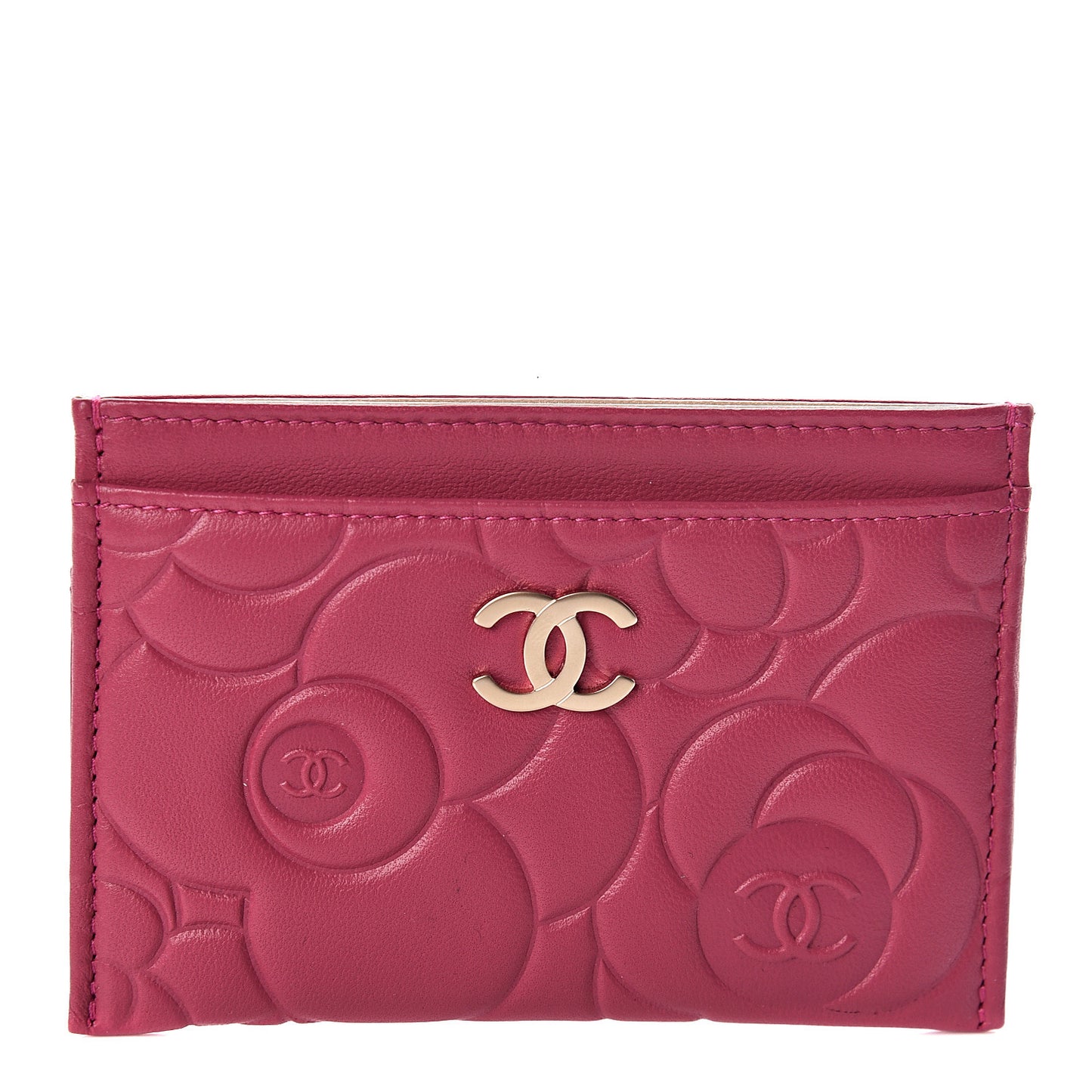 Lambskin Camellia Embossed Card Holder Fuchsia
