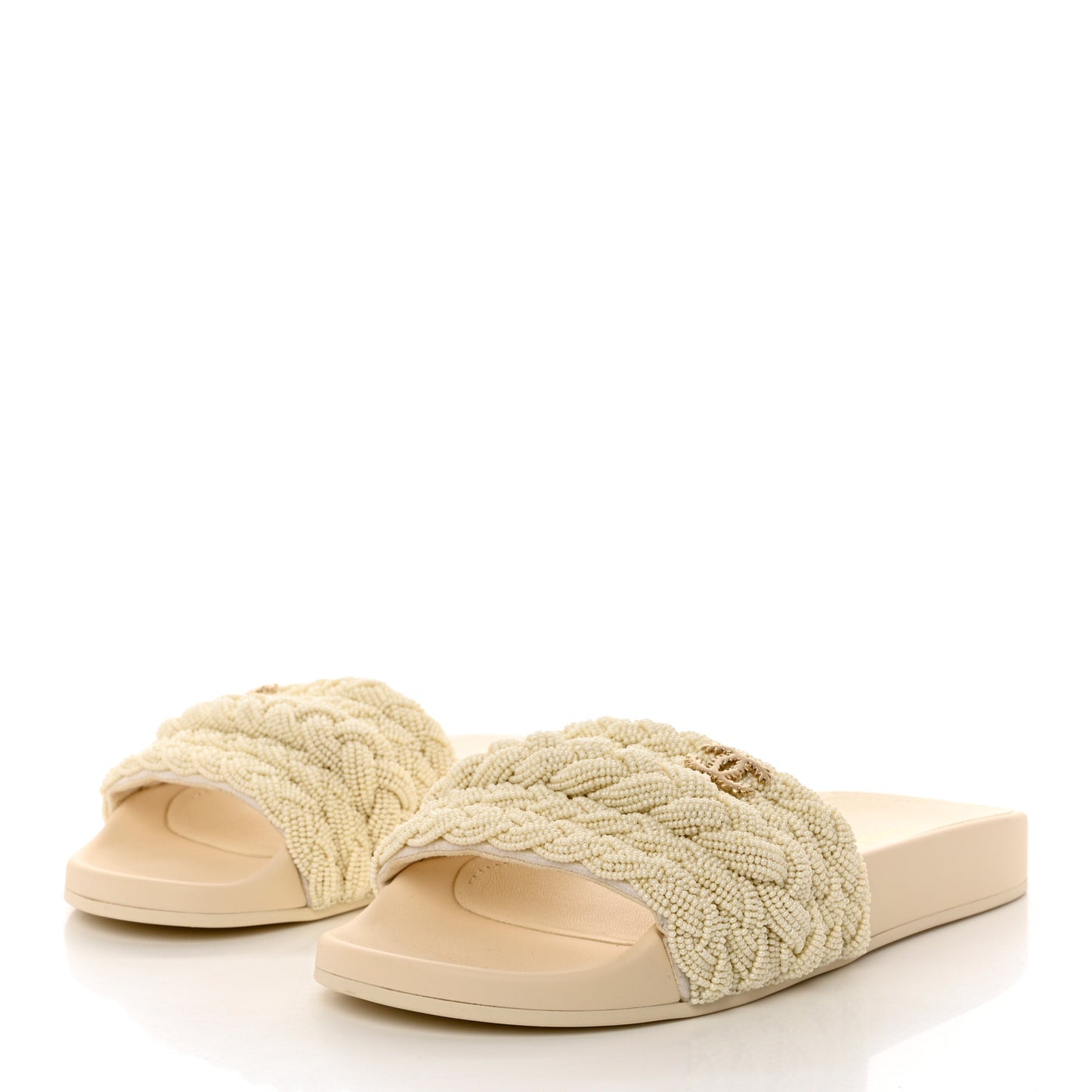 Lambskin Pearl Beaded Woven Slides 39 Beige