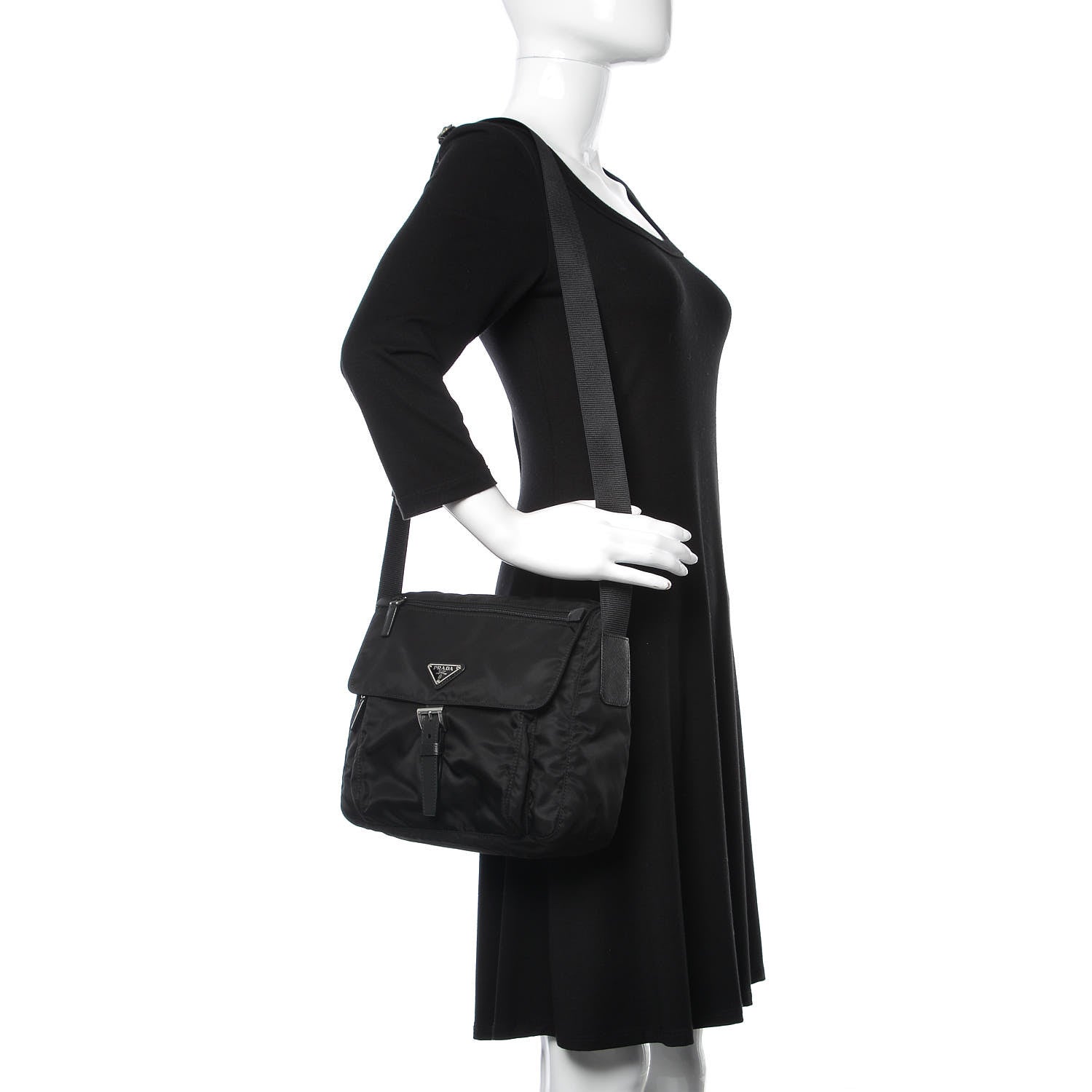 Prada Nylon Vela Saffiano Single Buckle Messenger Shoulder Bag Black 2 of 9