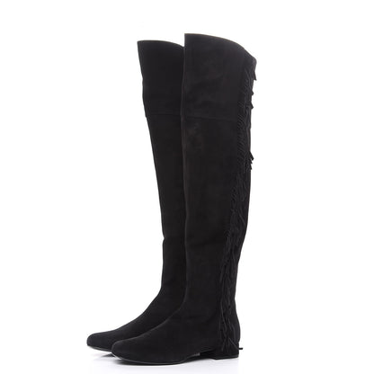 Saint Laurent Suede Goatskin BB 20 Over The Knee Fringed Boots 38.5 Black 3 of 7