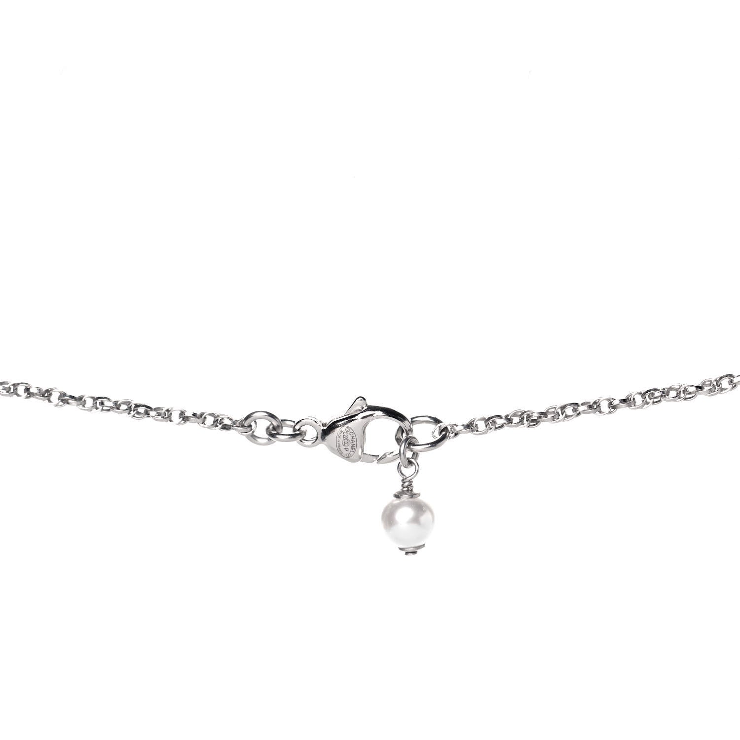Chanel Pearl Crystal CC Pendant Necklace Silver 4 of 5