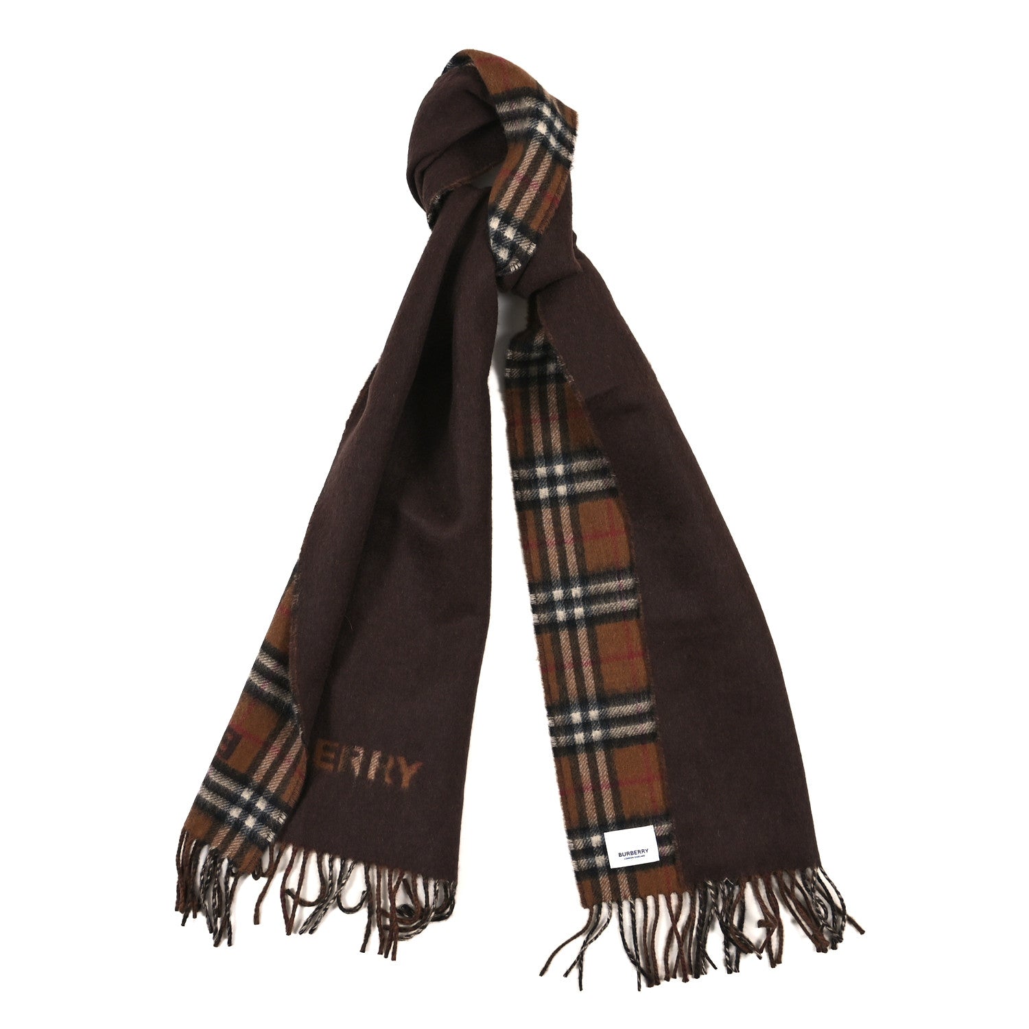 Burberry Wool Cashmere Vintage Check Fringe Scarf Dark Birch Brown 1 of 4