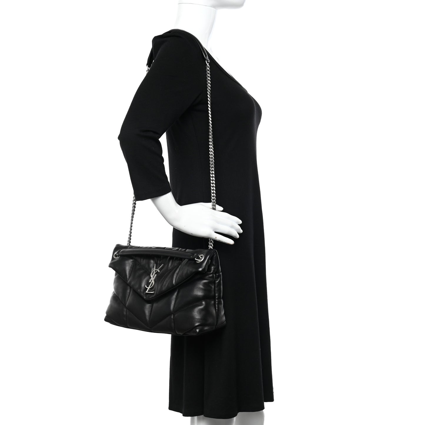 Lambskin Quilted Small Loulou Puffer Monogram Chain Satchel Black