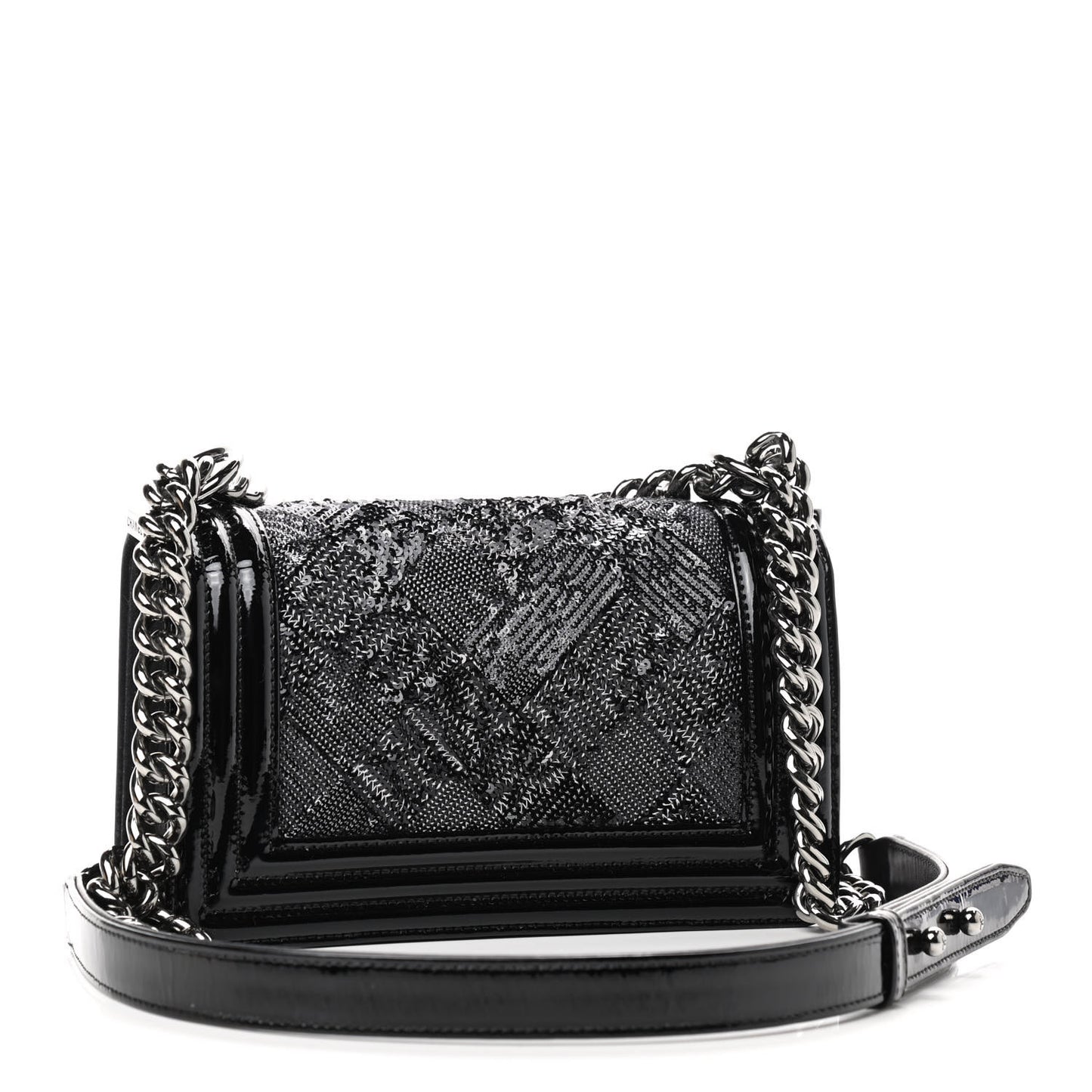 Patent Iridescent Calfskin Sequin Small Boy Flap Bag Black