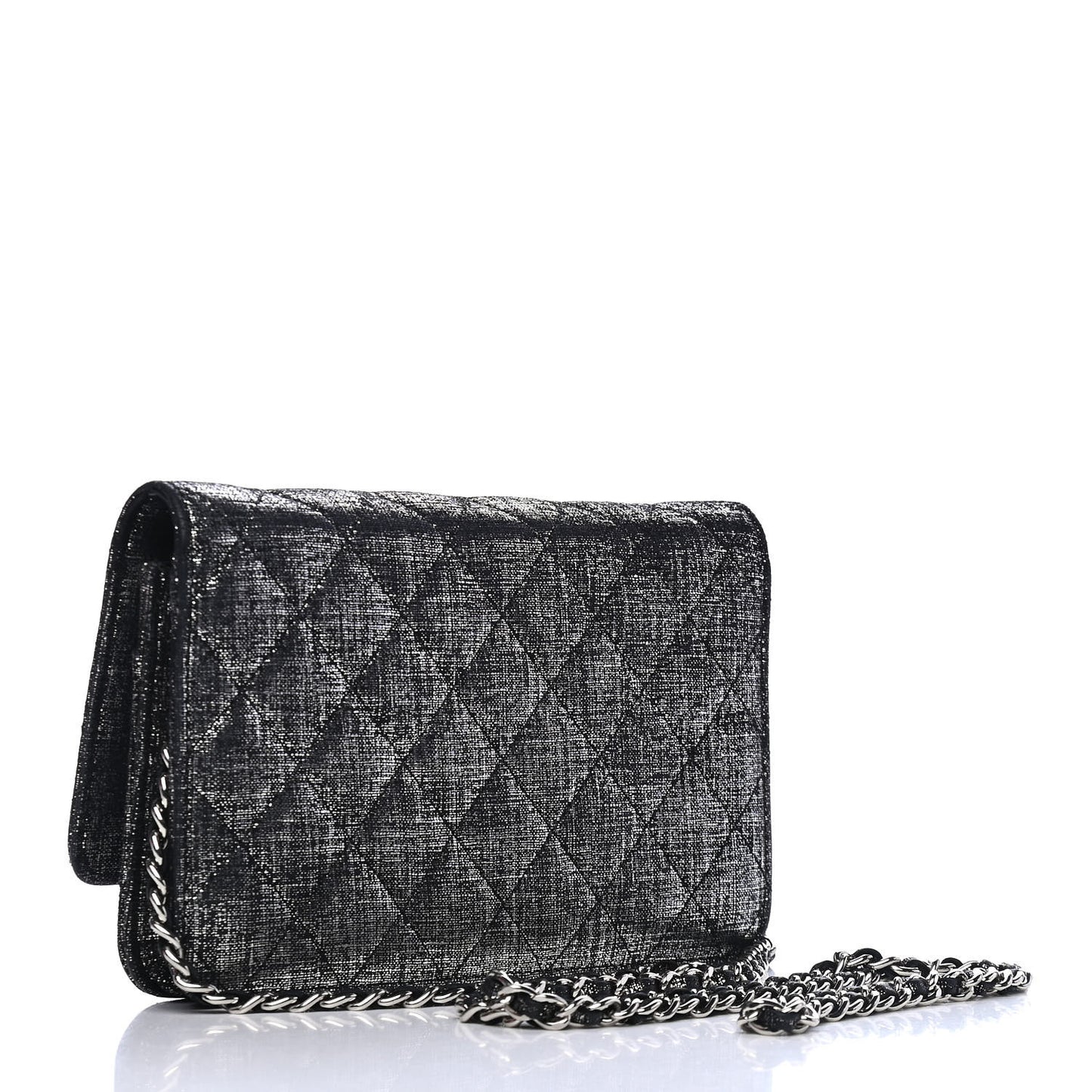 Metallic Iridescent Calfskin Wallet On Chain WOC Black Silver