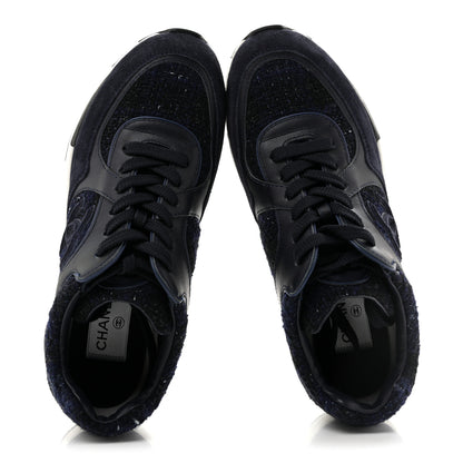 Chanel Tweed Suede Womens CC Sneakers 37.5 Black Blue 2 of 9