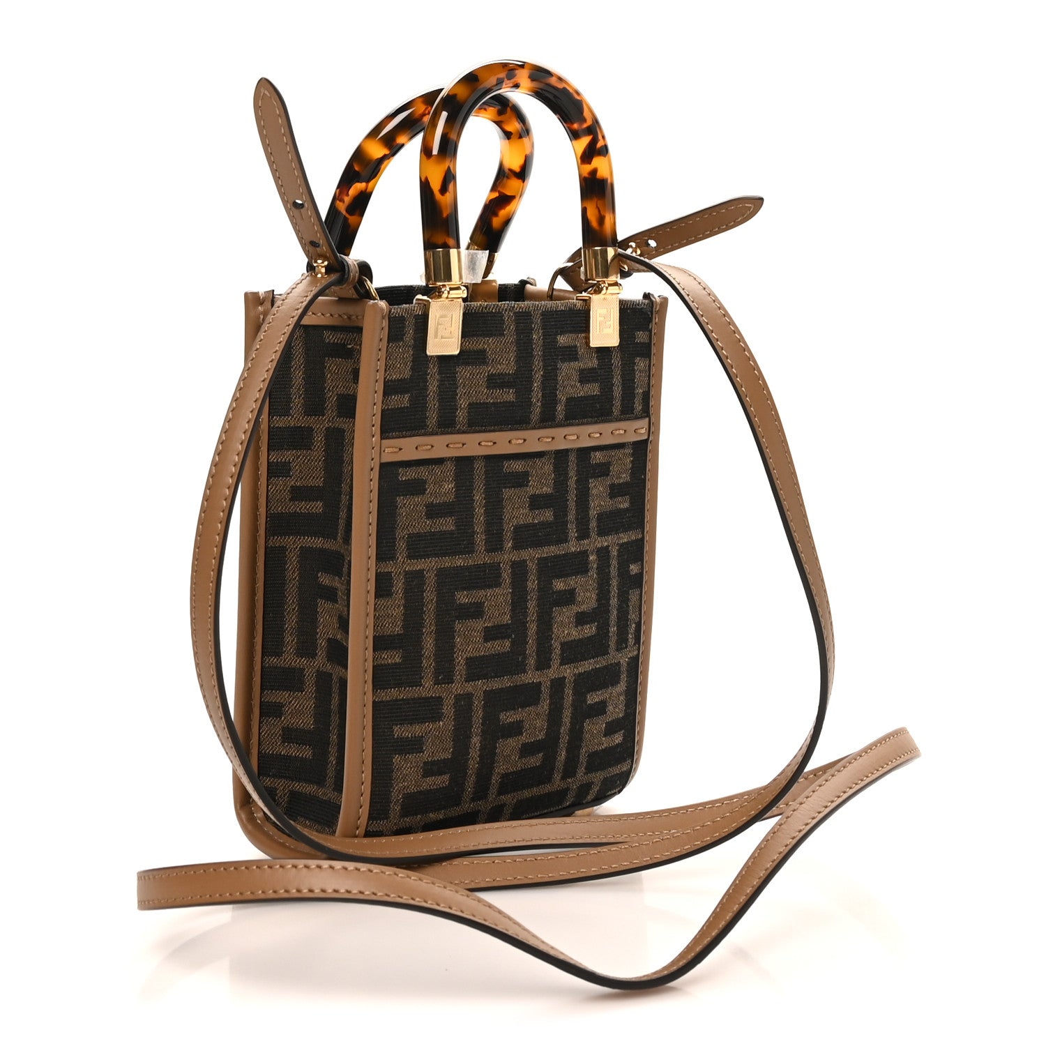 Fendi Fabric Jacquard Vitello King Plexiglass FF 1974 Mini Fendi Sunshine Shopper Tote Tobacco Moro Sand 3 of 10