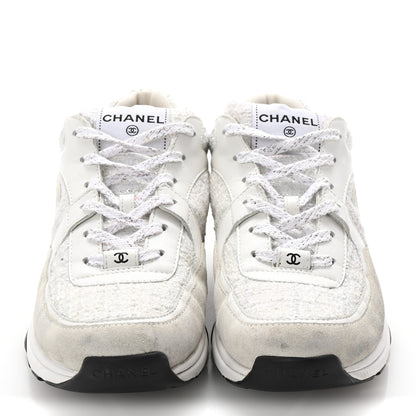 Chanel Painted Iridescent Cotton Tweed Suede Womens CC Sneakers 41 White Silver Multicolor 3 of 10