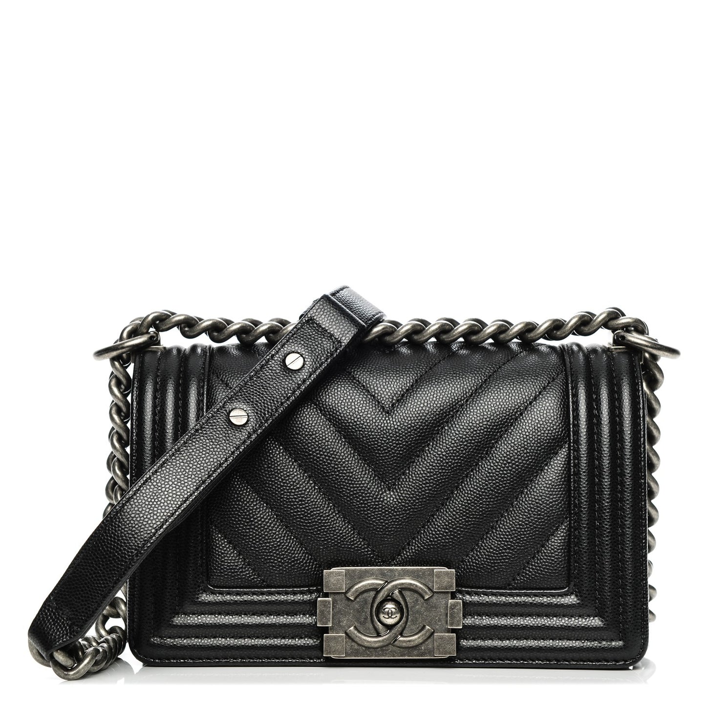Caviar Chevron Quilted Small Boy Flap Black
