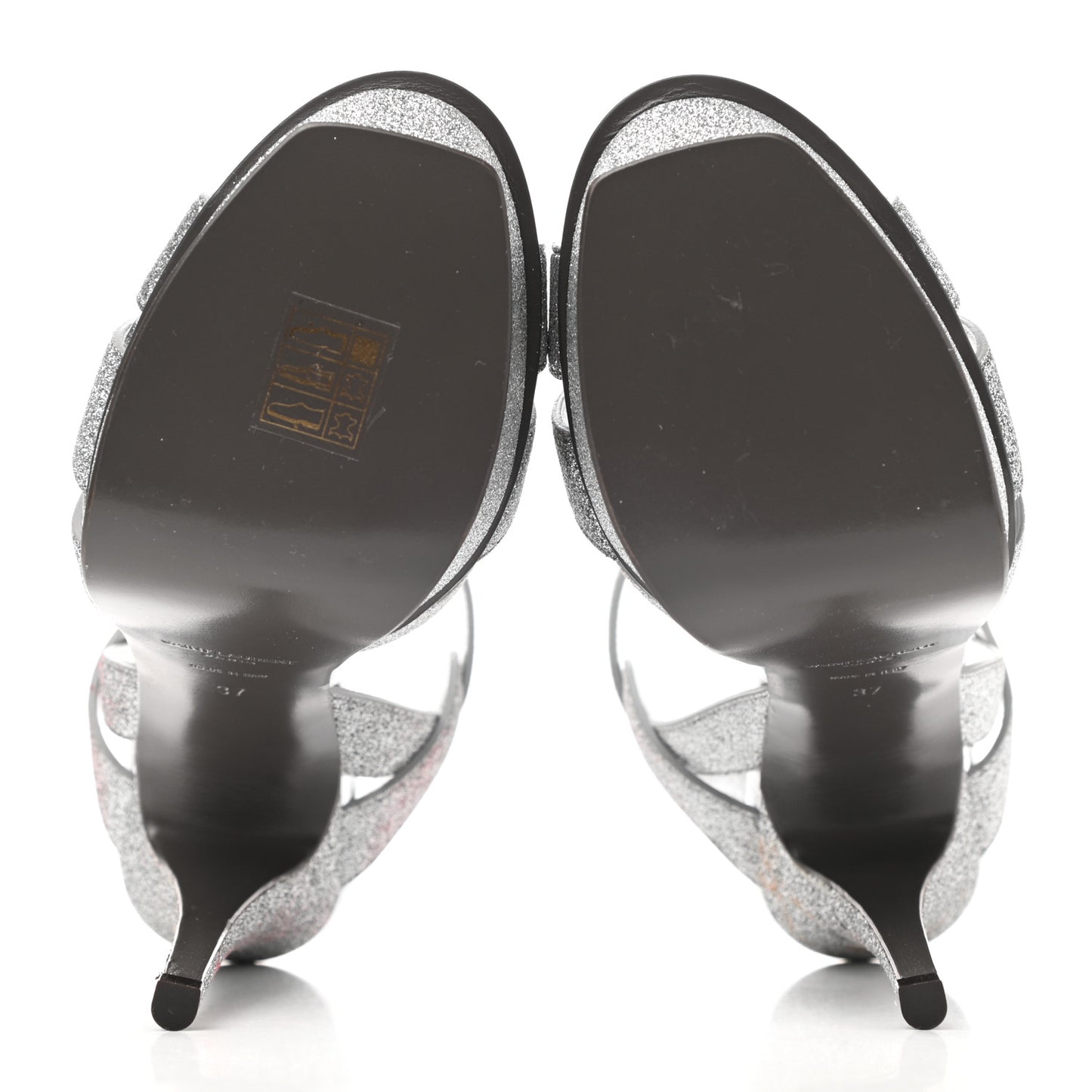 Glitter Calfskin Tribute 105 Platform Sandals 37 Silver