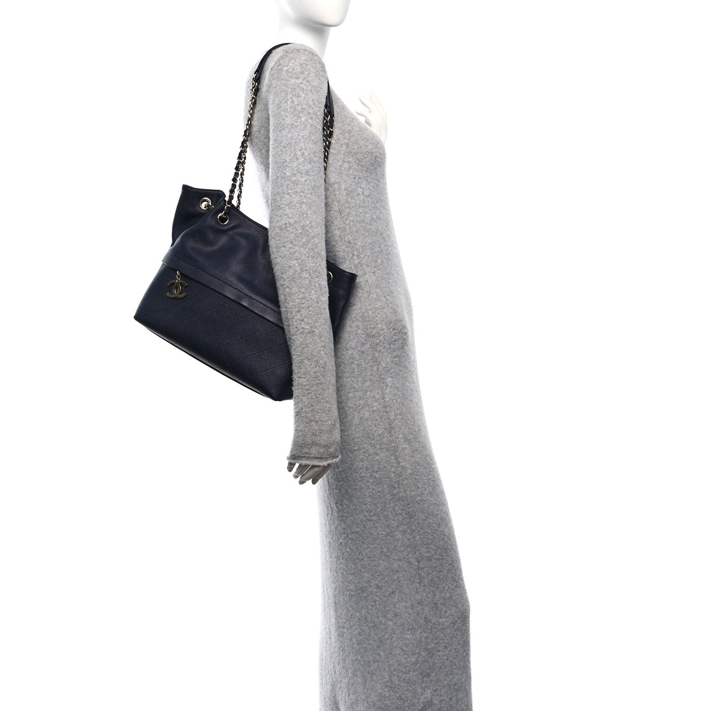 Crumpled Grained Calfskin Zip and Carry Shopping Tote Dark Navy
